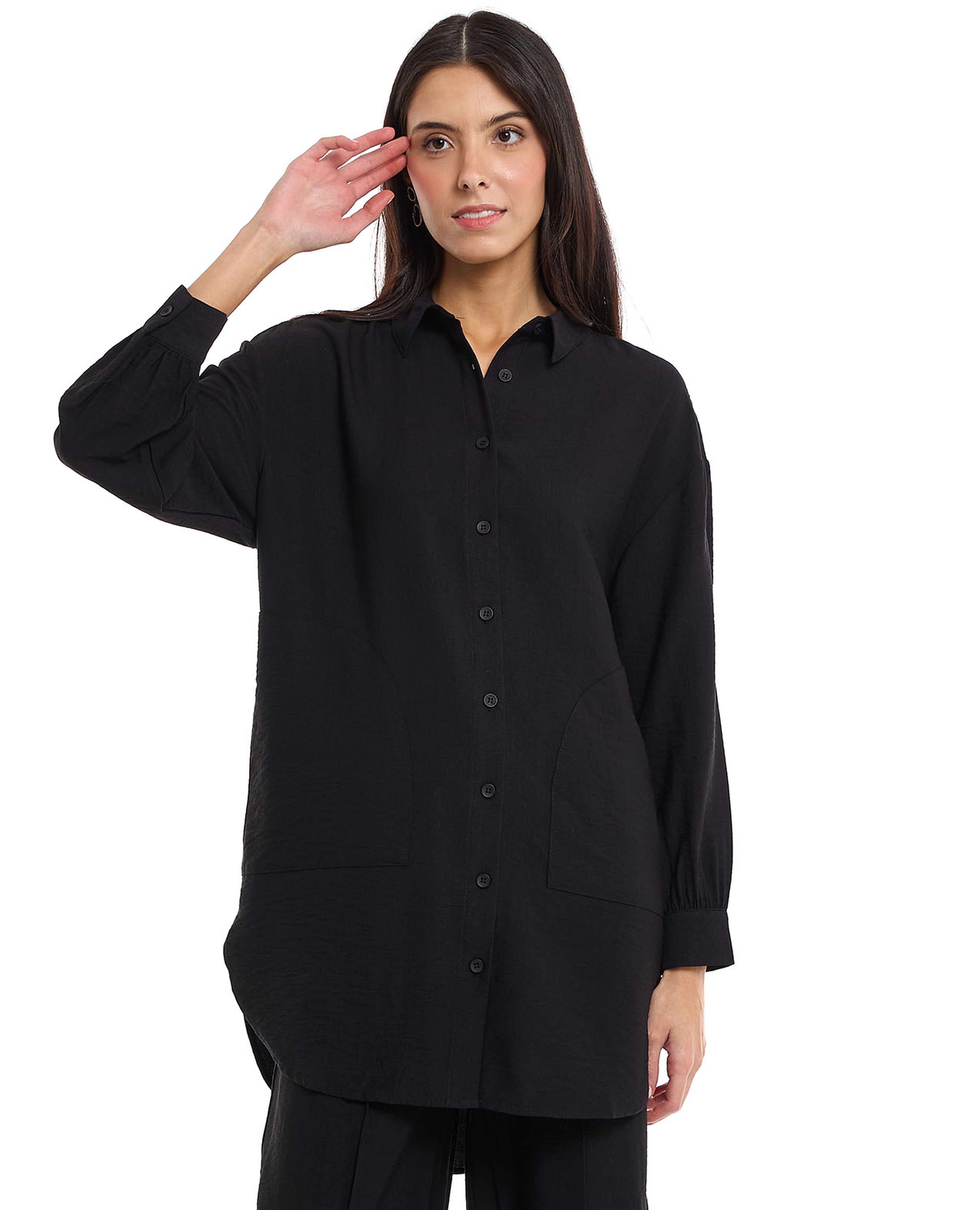 Solid Shirt Tunic with Classic Collar and Long Sleeves