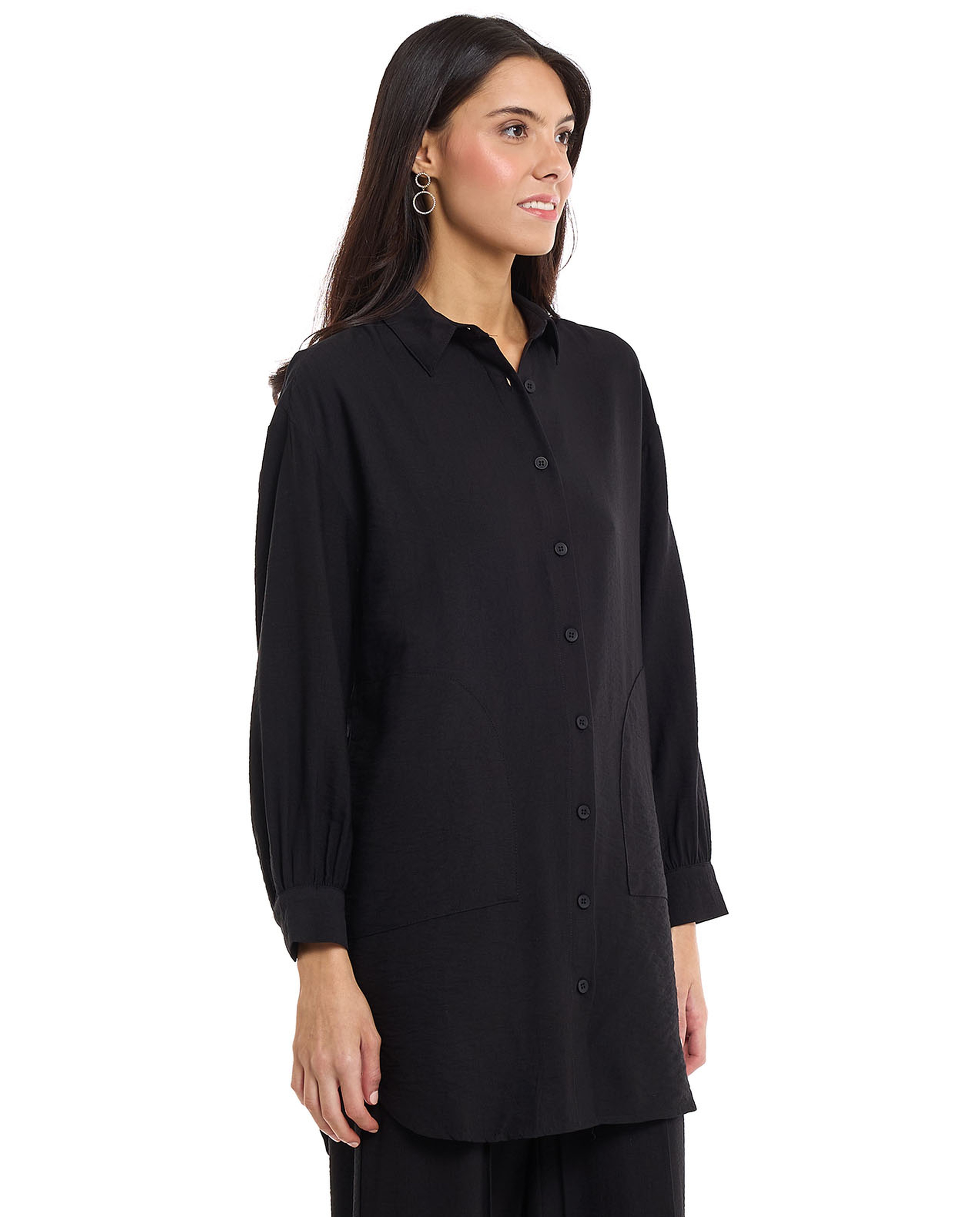 Solid Shirt Tunic with Classic Collar and Long Sleeves