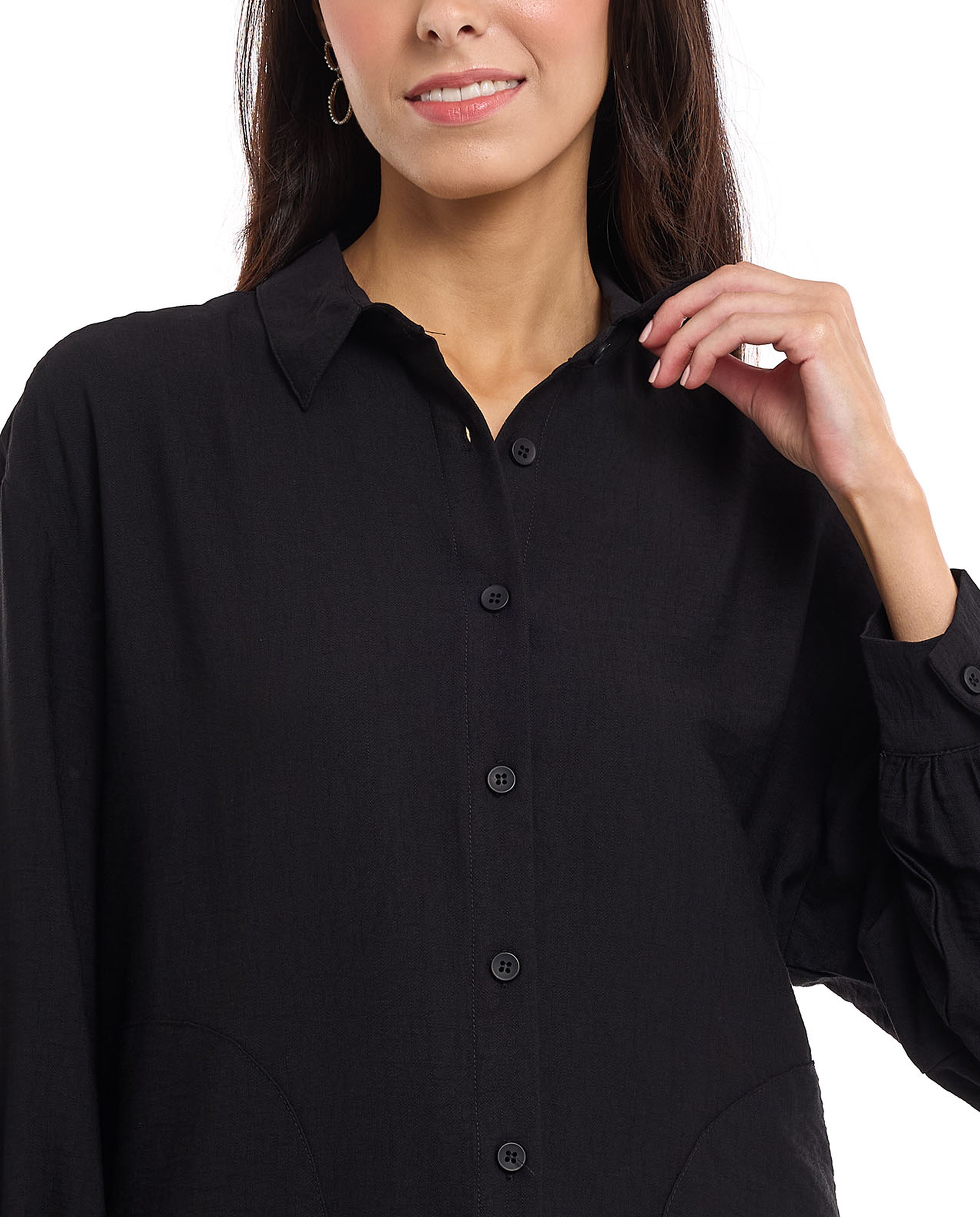 Solid Shirt Tunic with Classic Collar and Long Sleeves