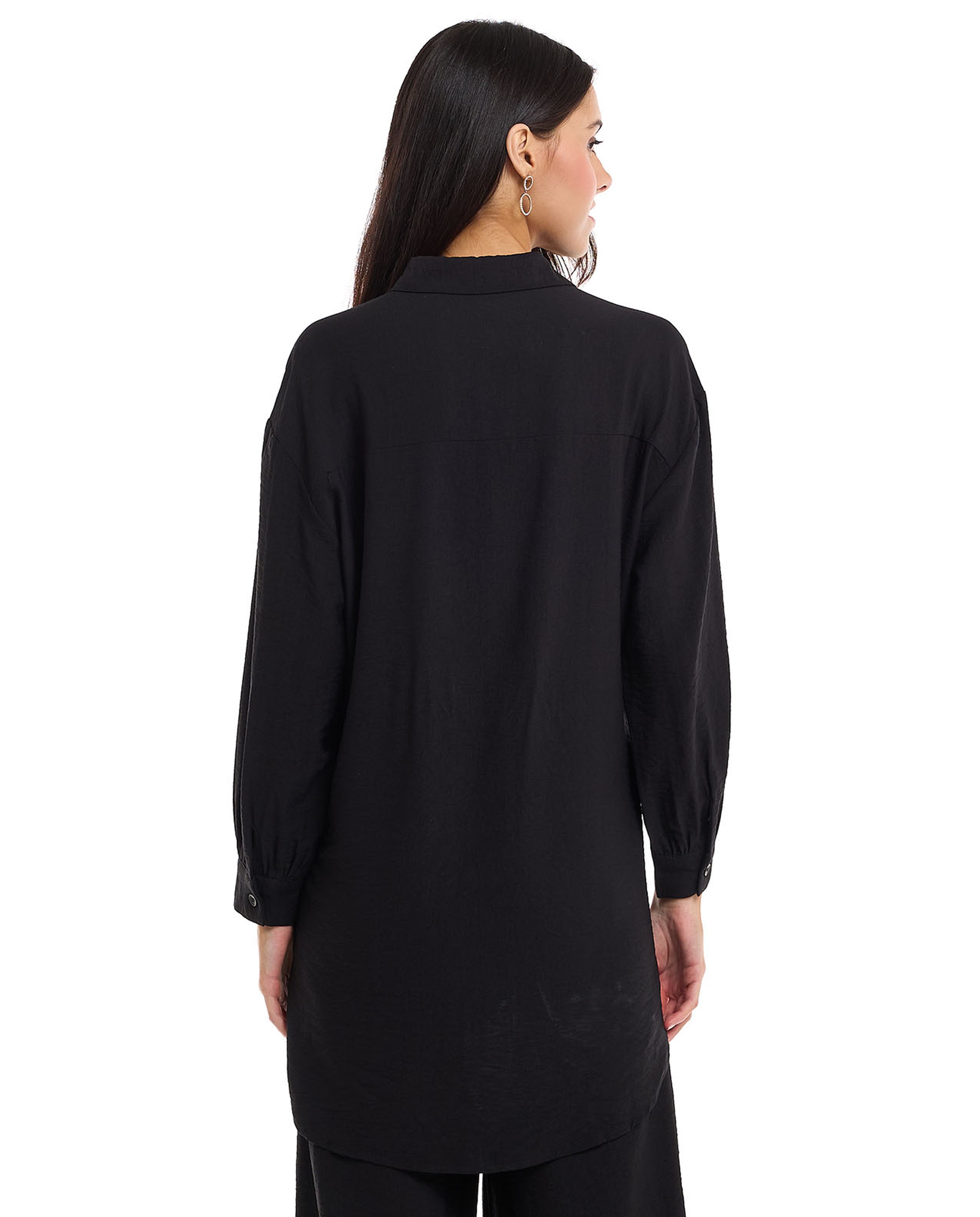 Solid Shirt Tunic with Classic Collar and Long Sleeves