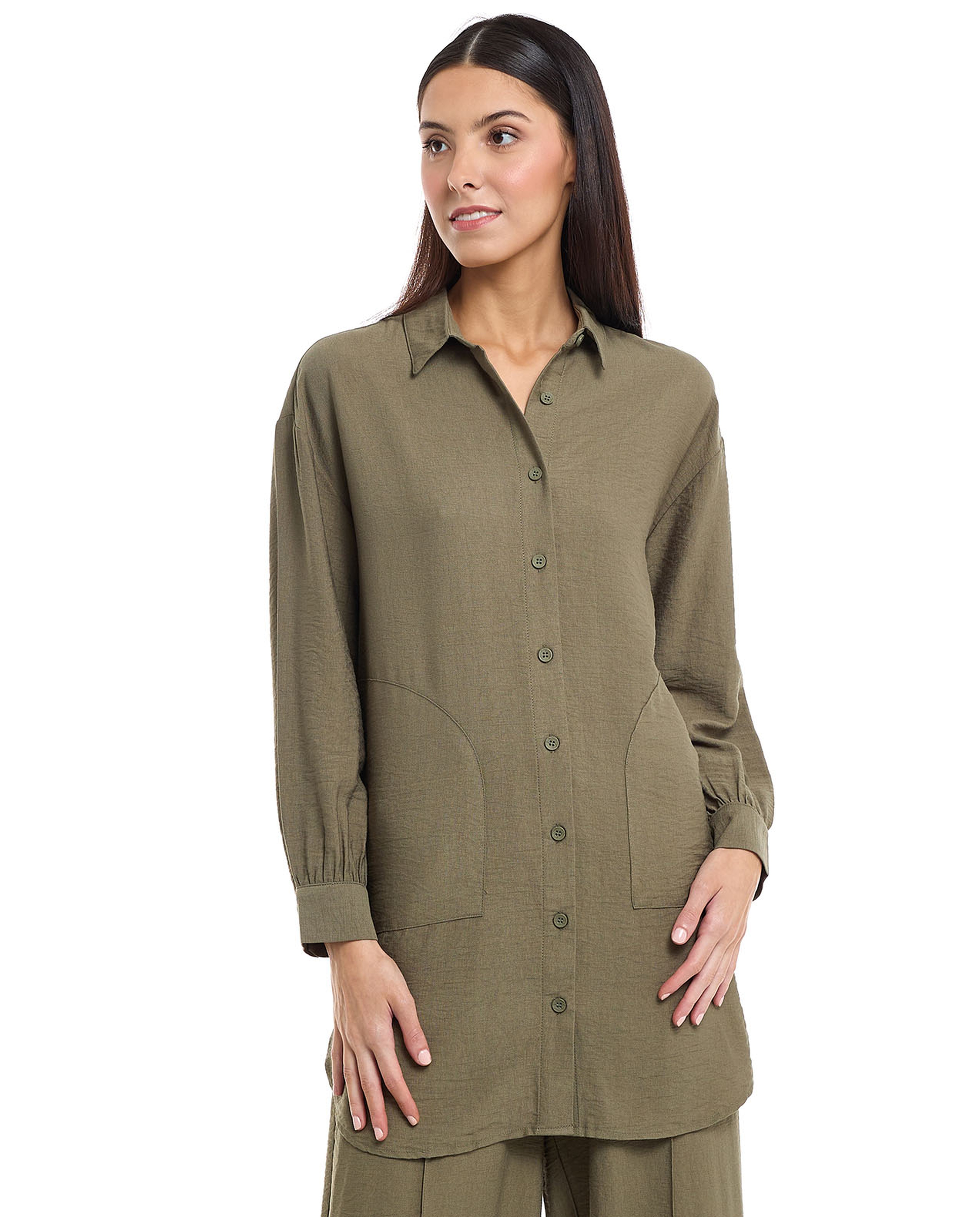 Solid Shirt Tunic with Classic Collar and Long Sleeves