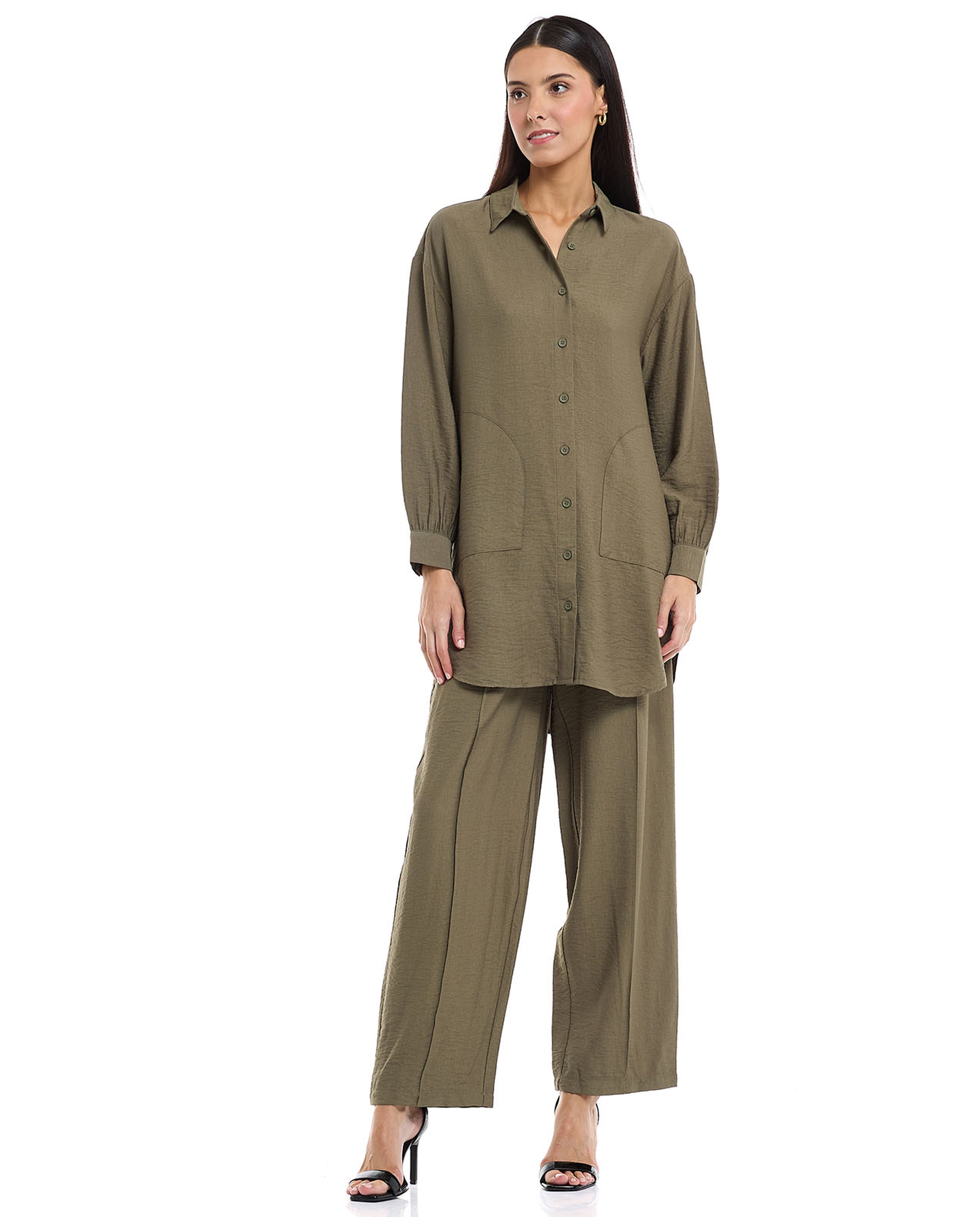 Solid Shirt Tunic with Classic Collar and Long Sleeves