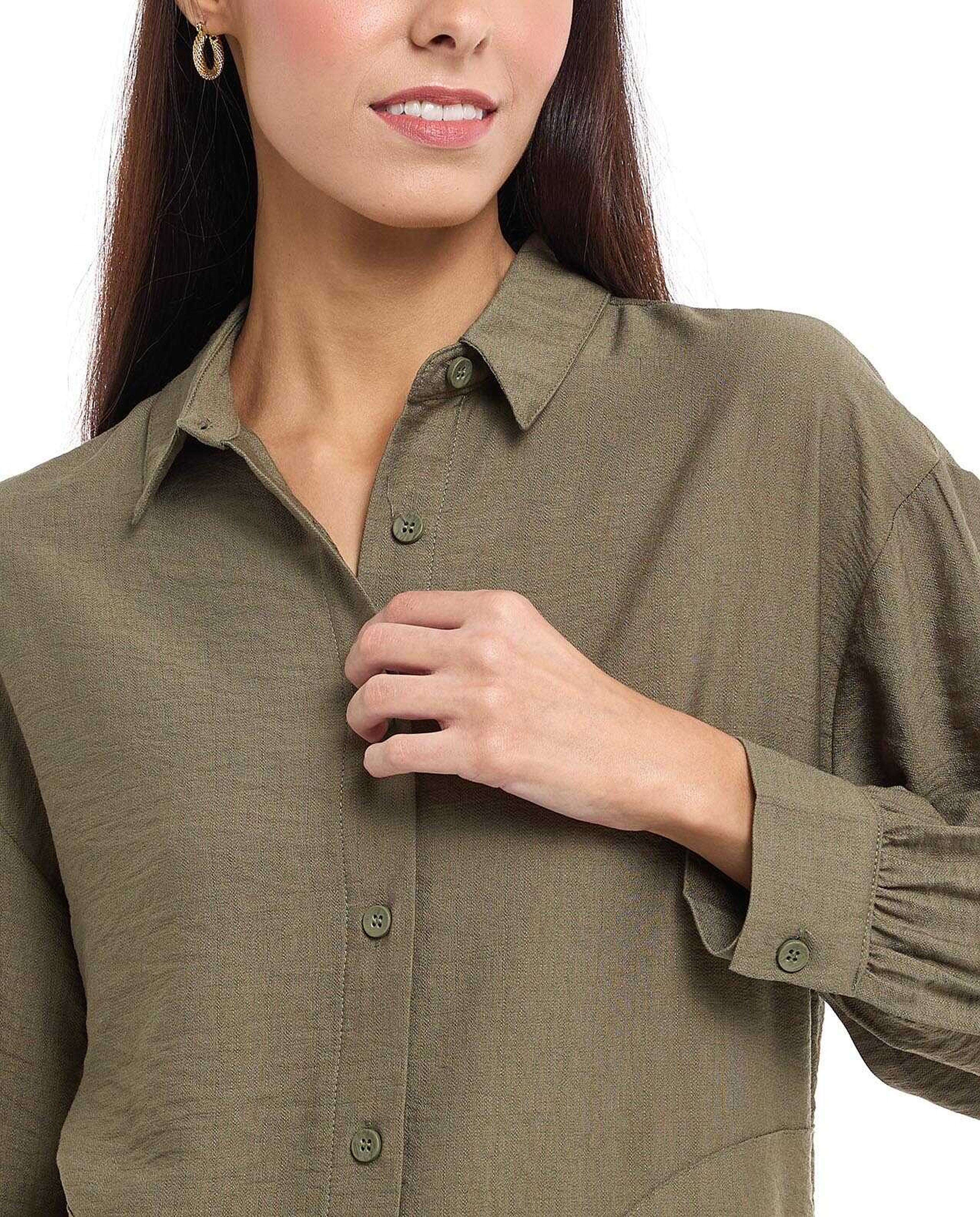 Solid Shirt Tunic with Classic Collar and Long Sleeves