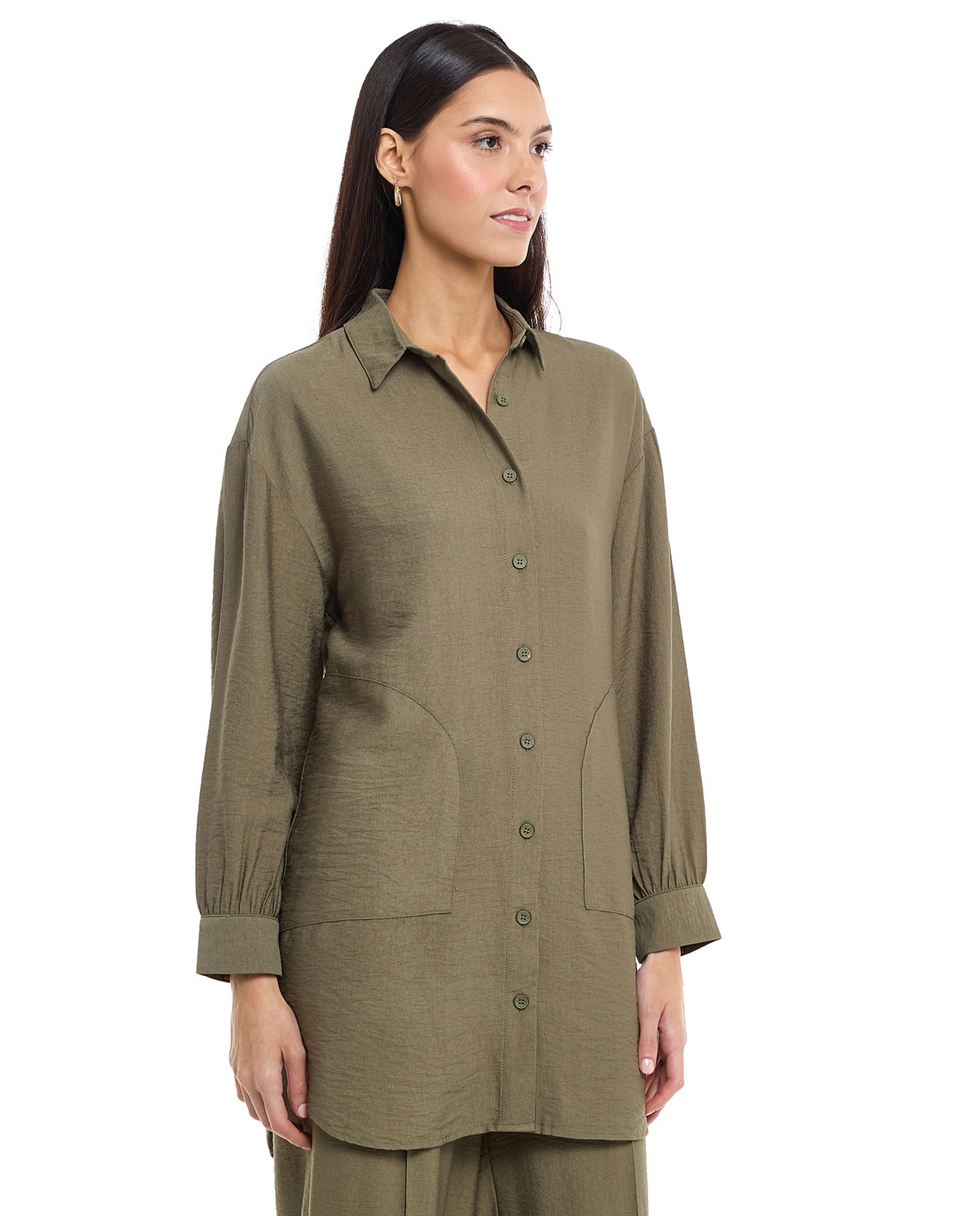 Solid Shirt Tunic with Classic Collar and Long Sleeves