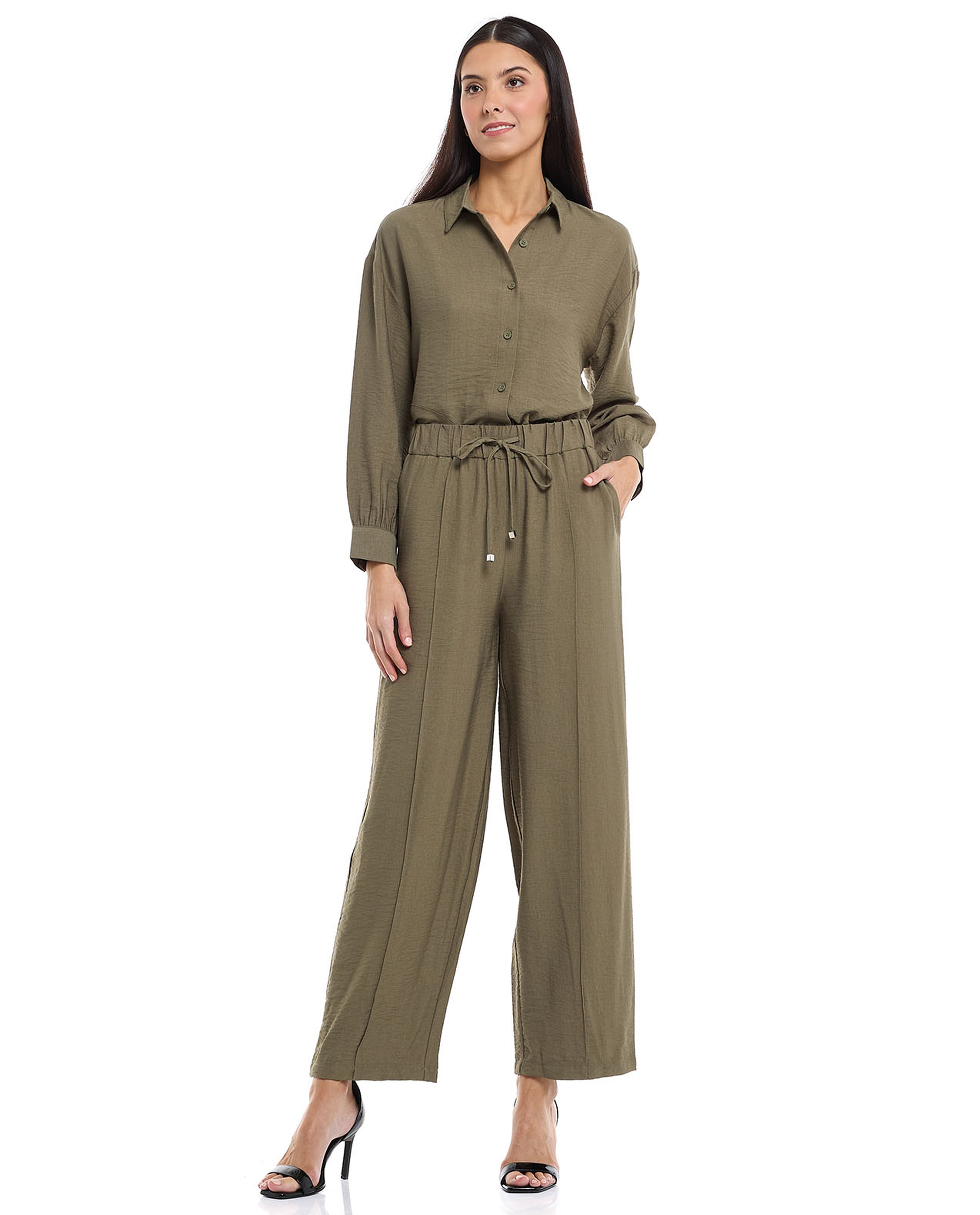 Solid Wide Leg Pants with Drawstring Waist