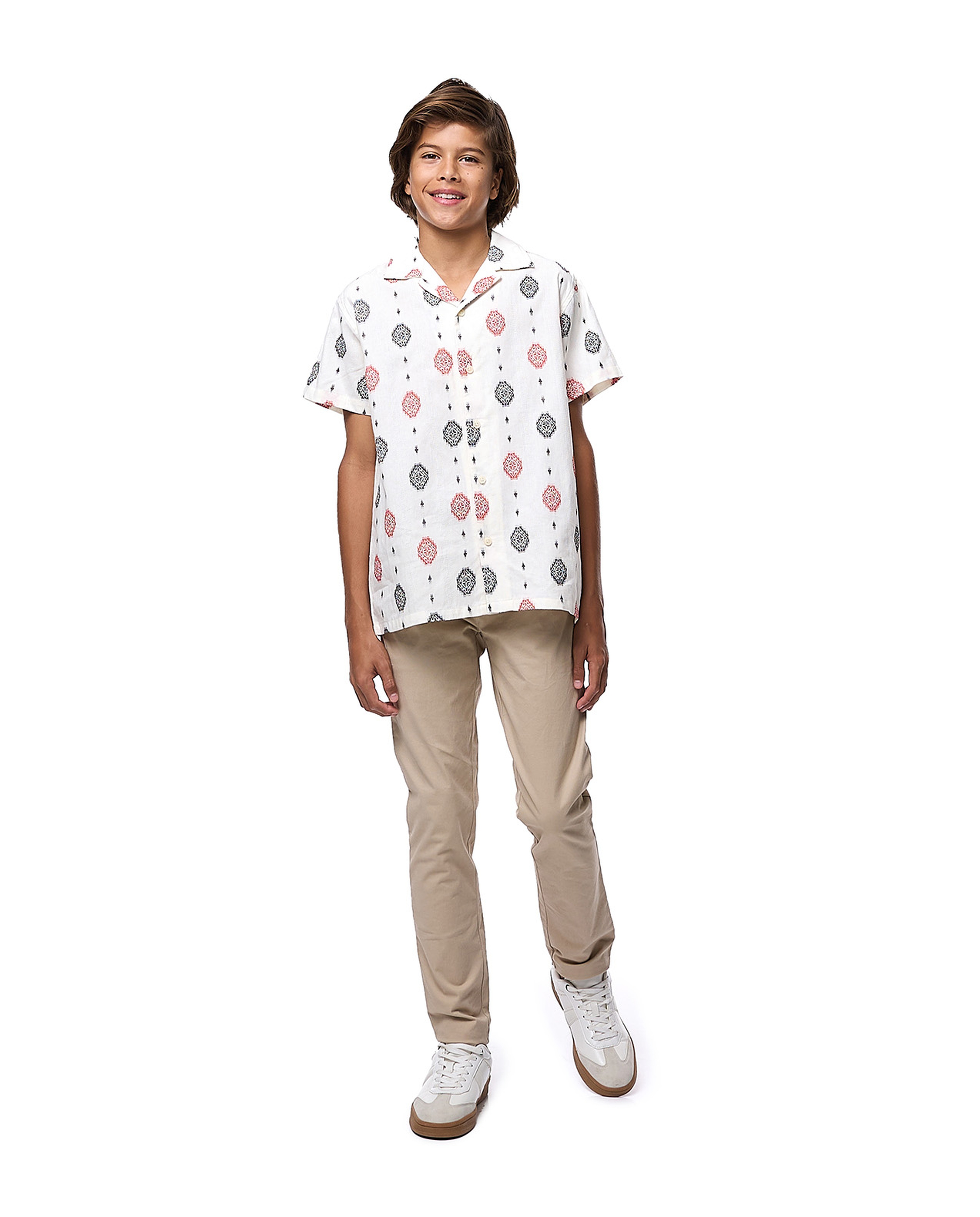Patterned Shirt with Revere Collar and Short Sleeves