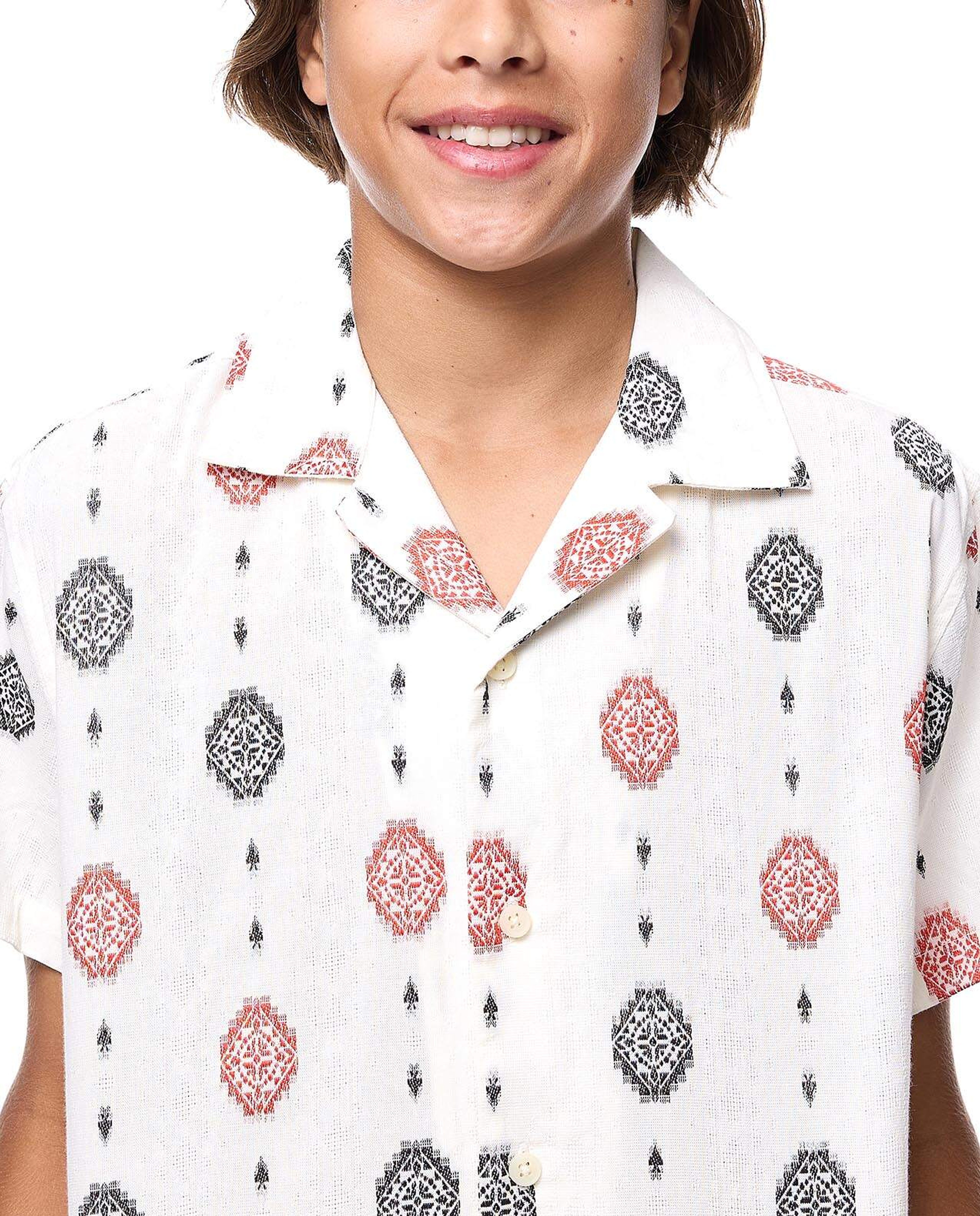 Patterned Shirt with Revere Collar and Short Sleeves