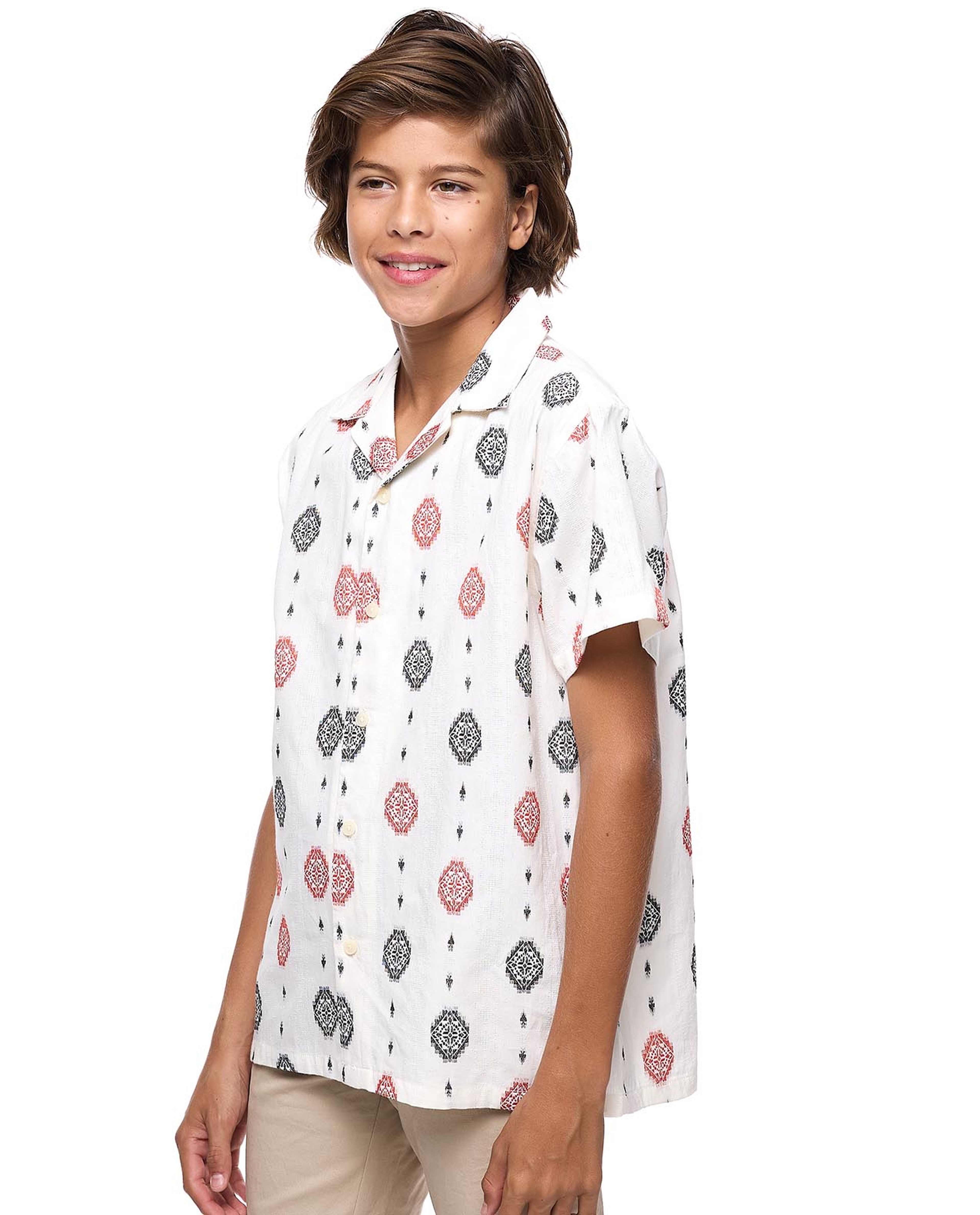 Patterned Shirt with Revere Collar and Short Sleeves