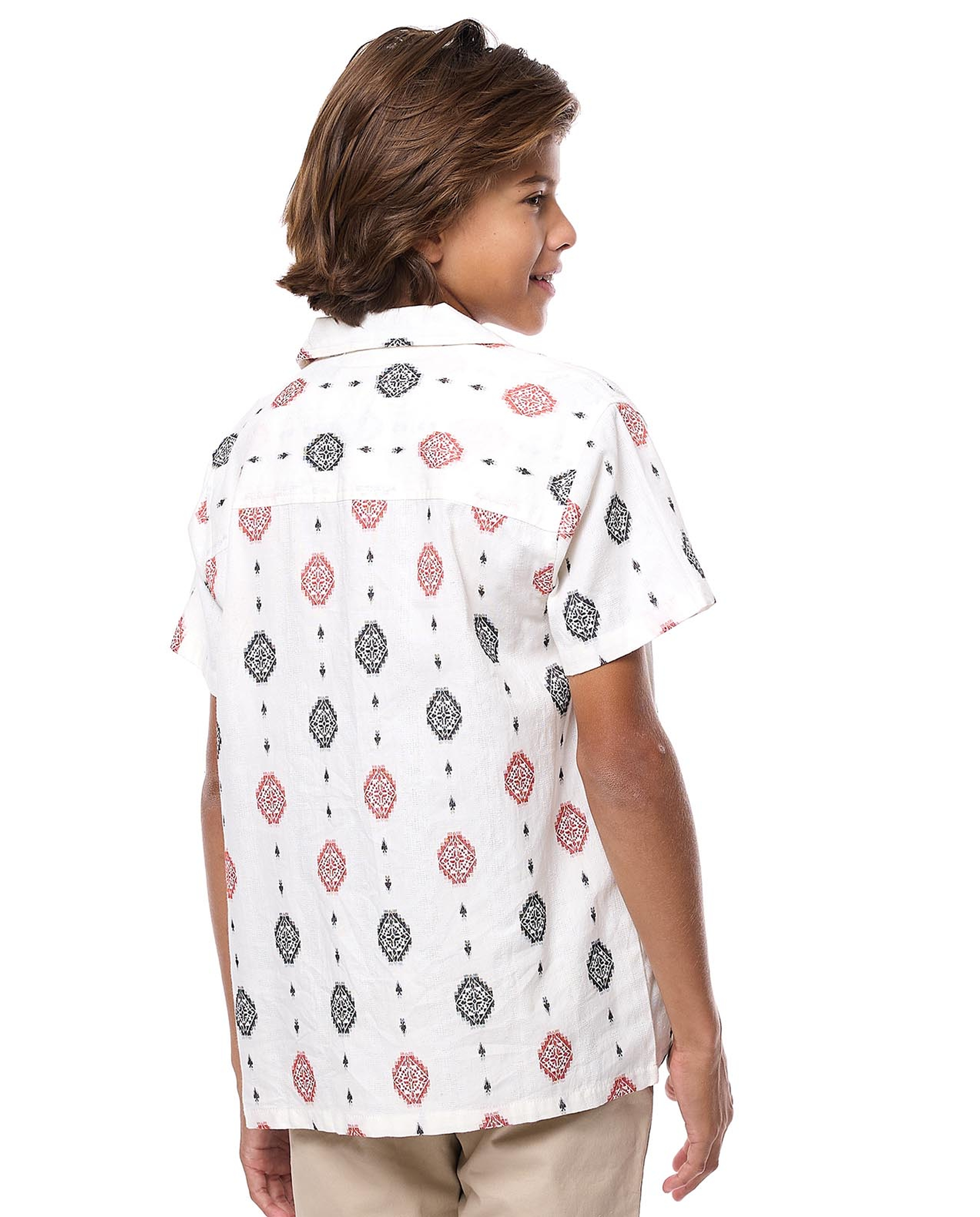 Patterned Shirt with Revere Collar and Short Sleeves