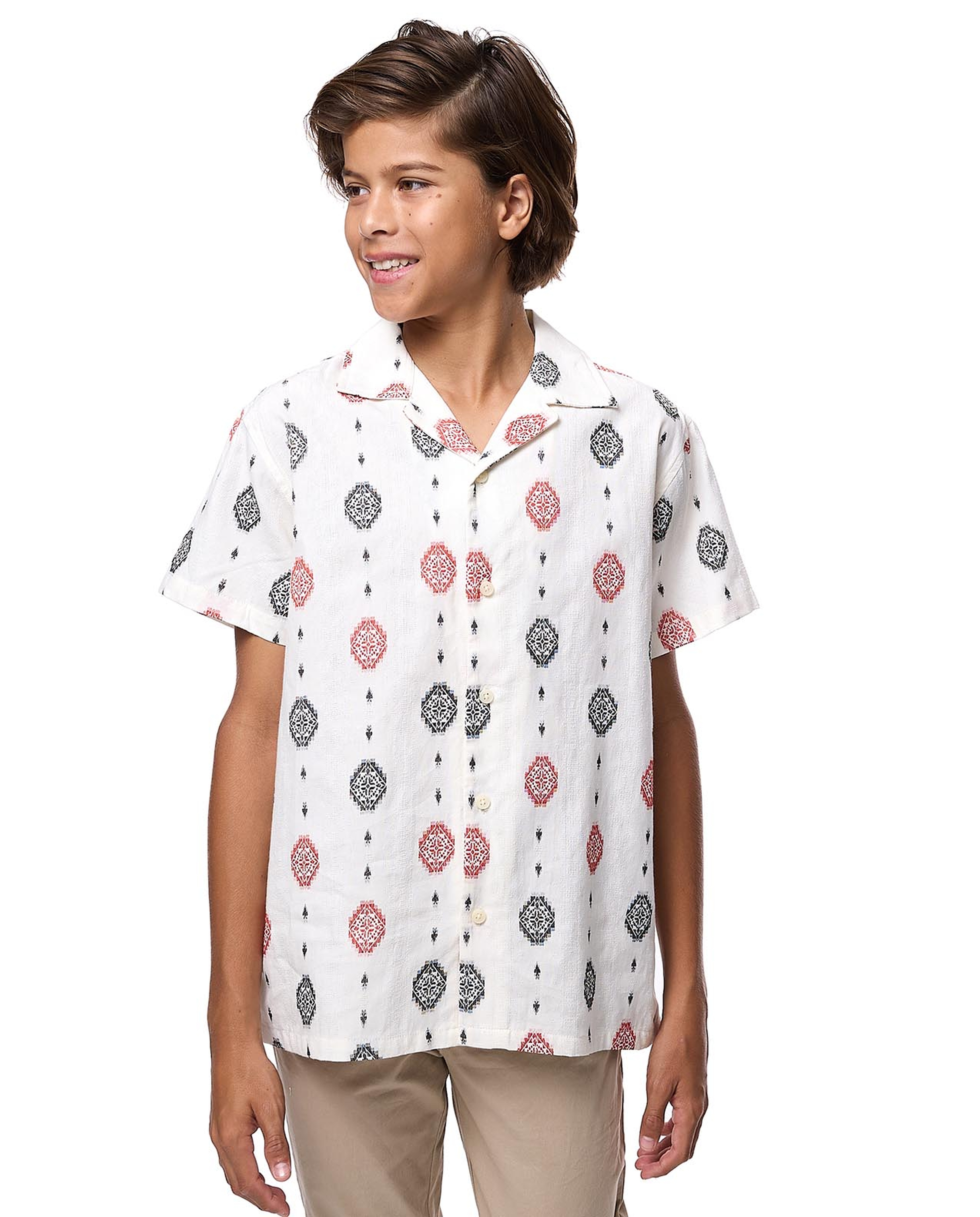 Patterned Shirt with Revere Collar and Short Sleeves