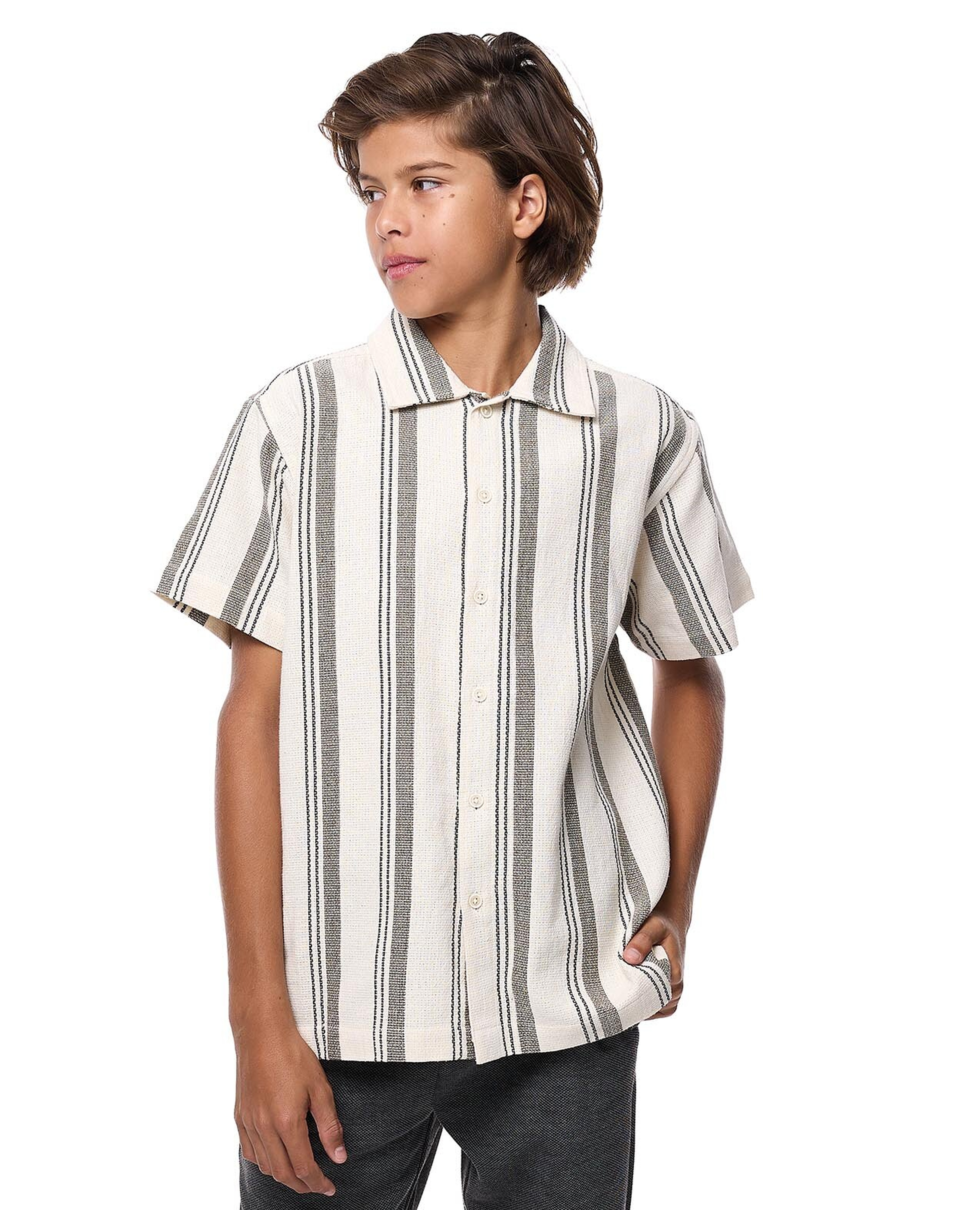 Striped Shirt with Classic Collar and Short Sleeves