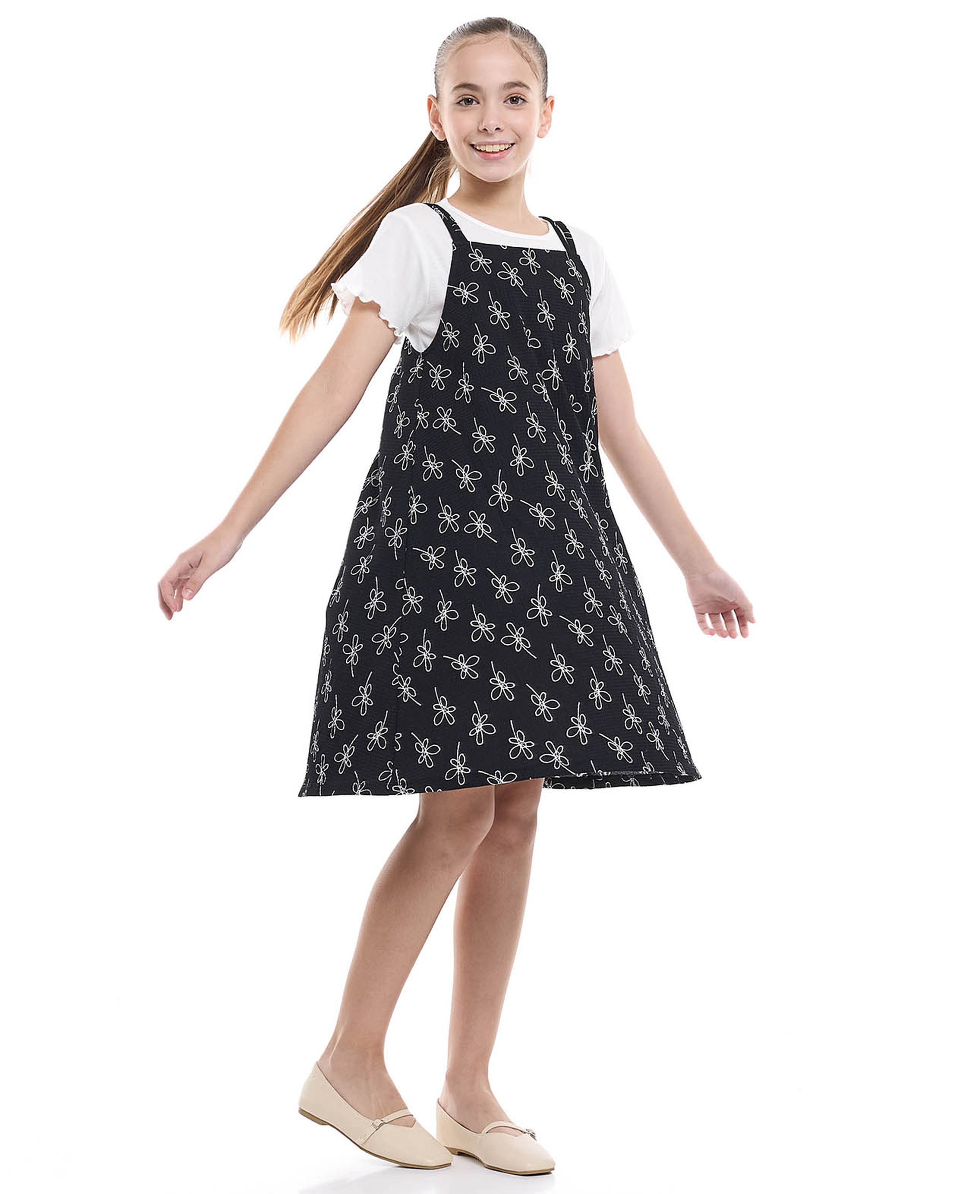 طقم قطعتين توب مرن وفستان دينغري مطبوع