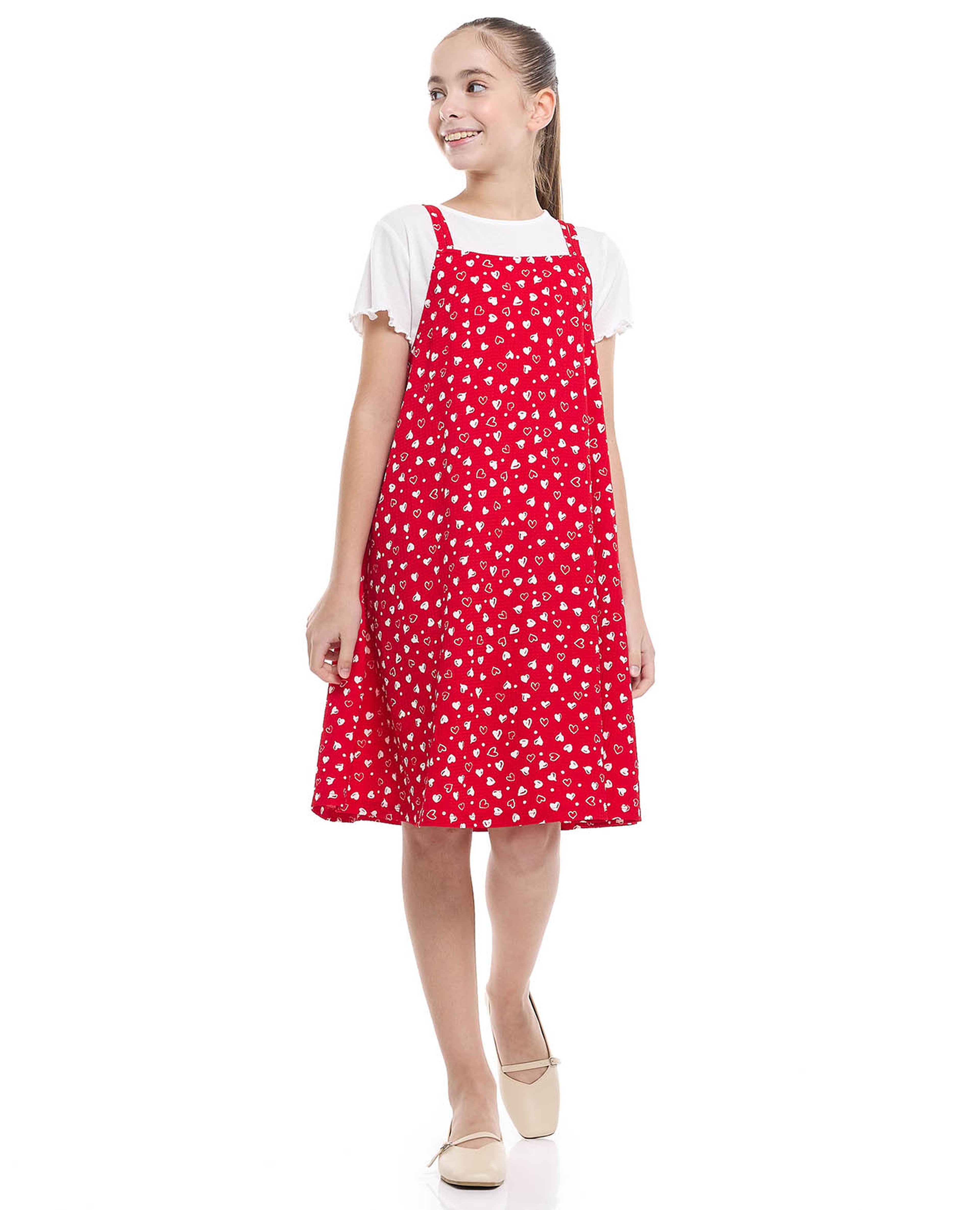 طقم قطعتين توب مرن وفستان دينغري مطبوع