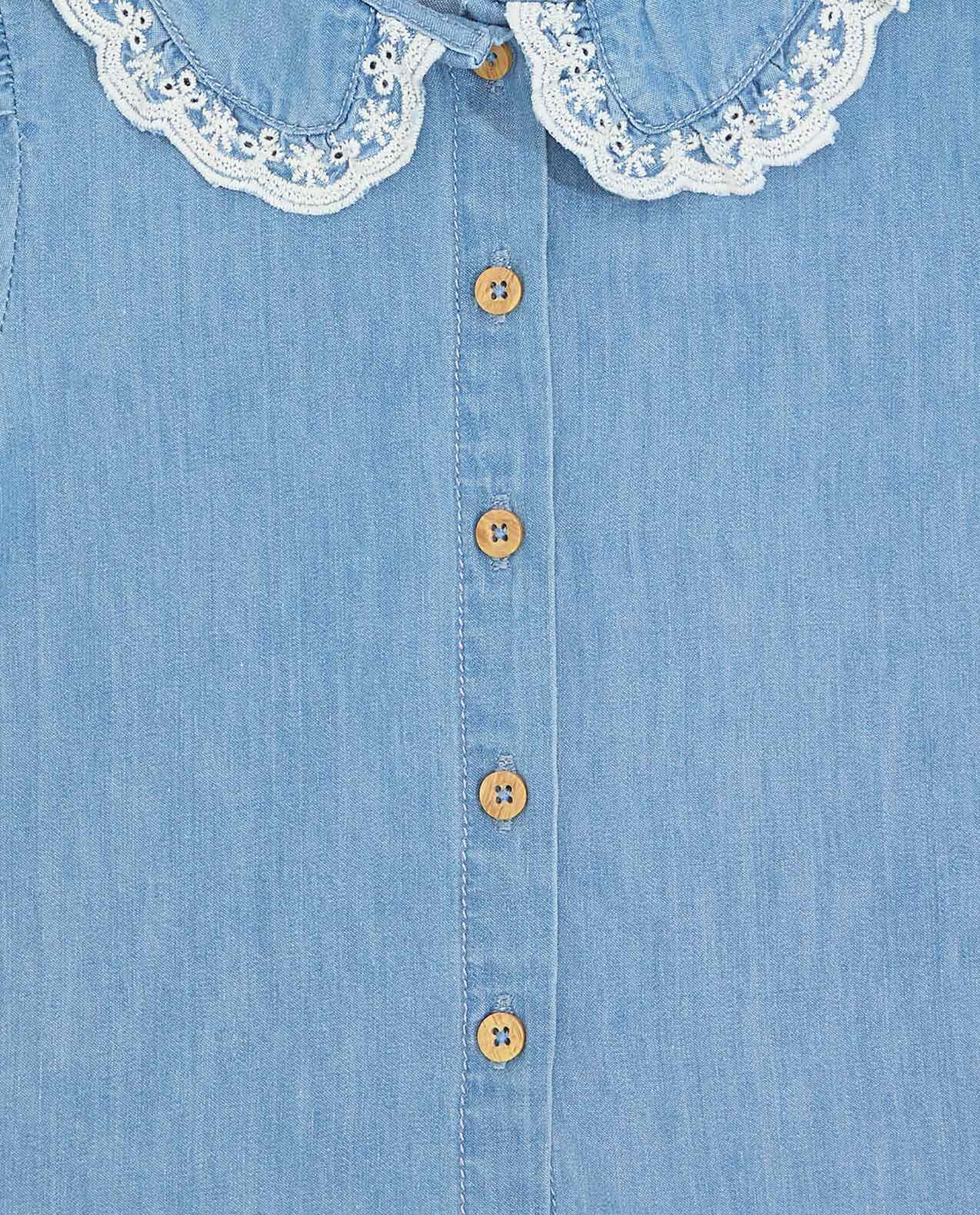 Denim Top with Peter Pan Collar and Puff Sleeves