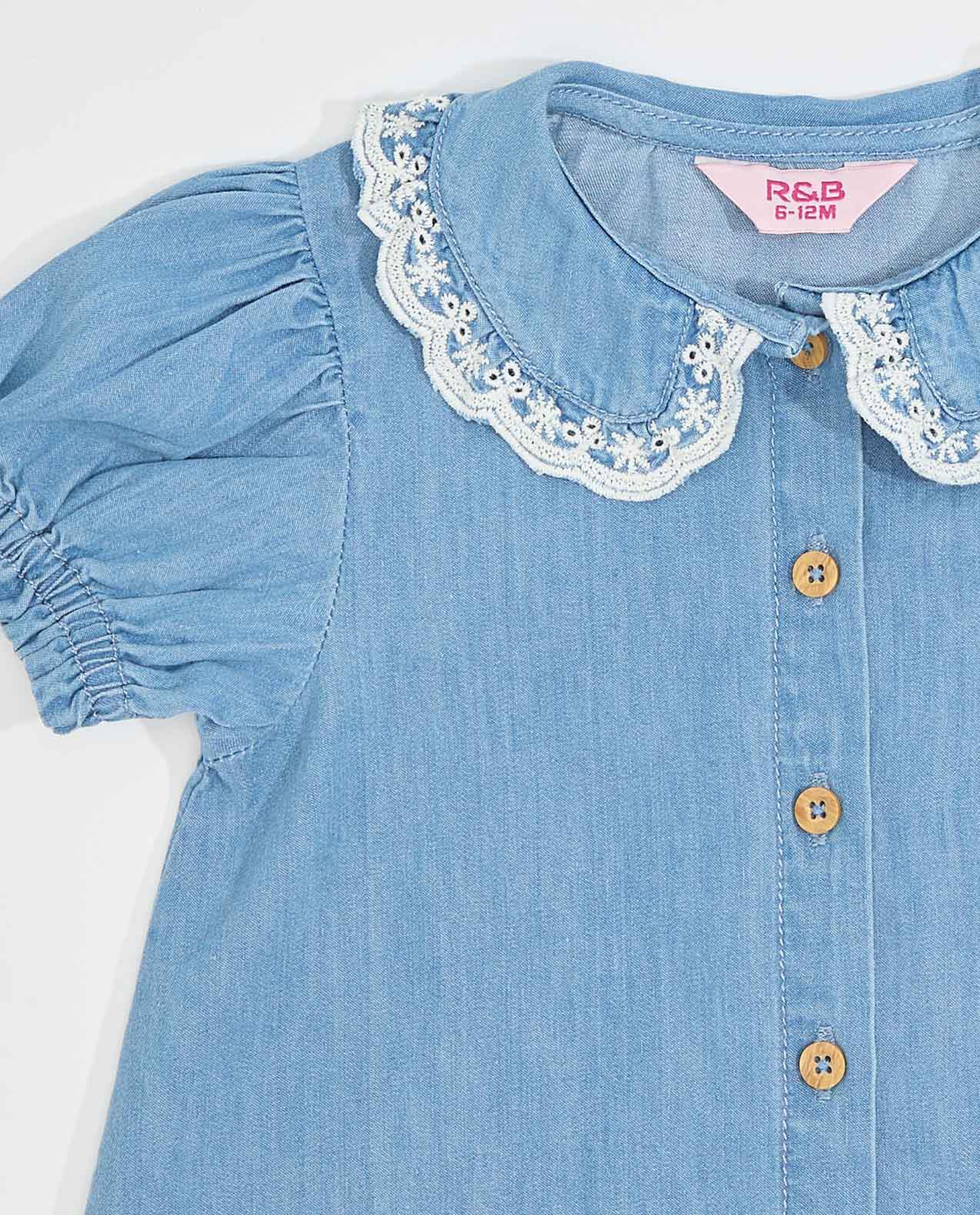 Denim Top with Peter Pan Collar and Puff Sleeves