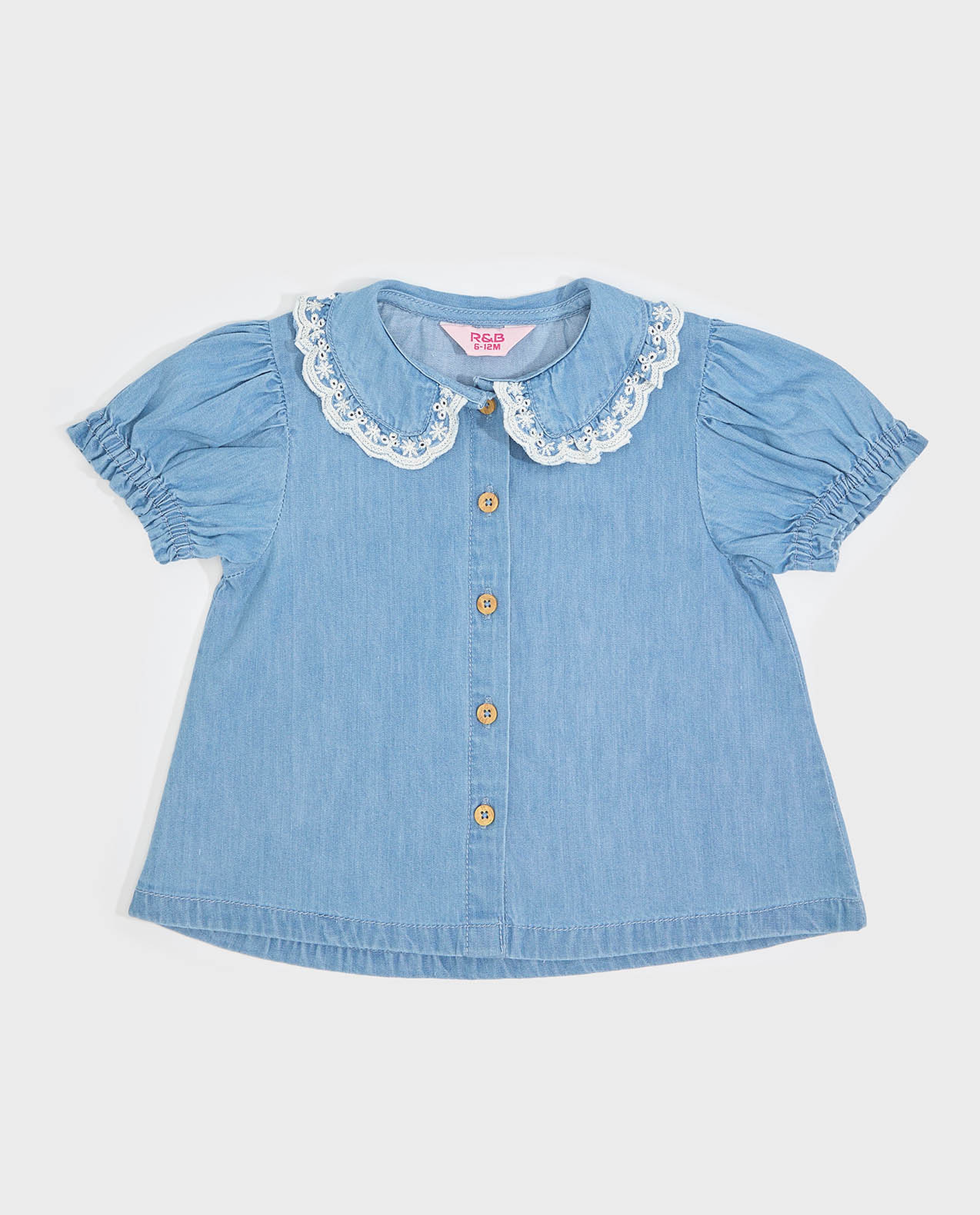 Denim Top with Peter Pan Collar and Puff Sleeves