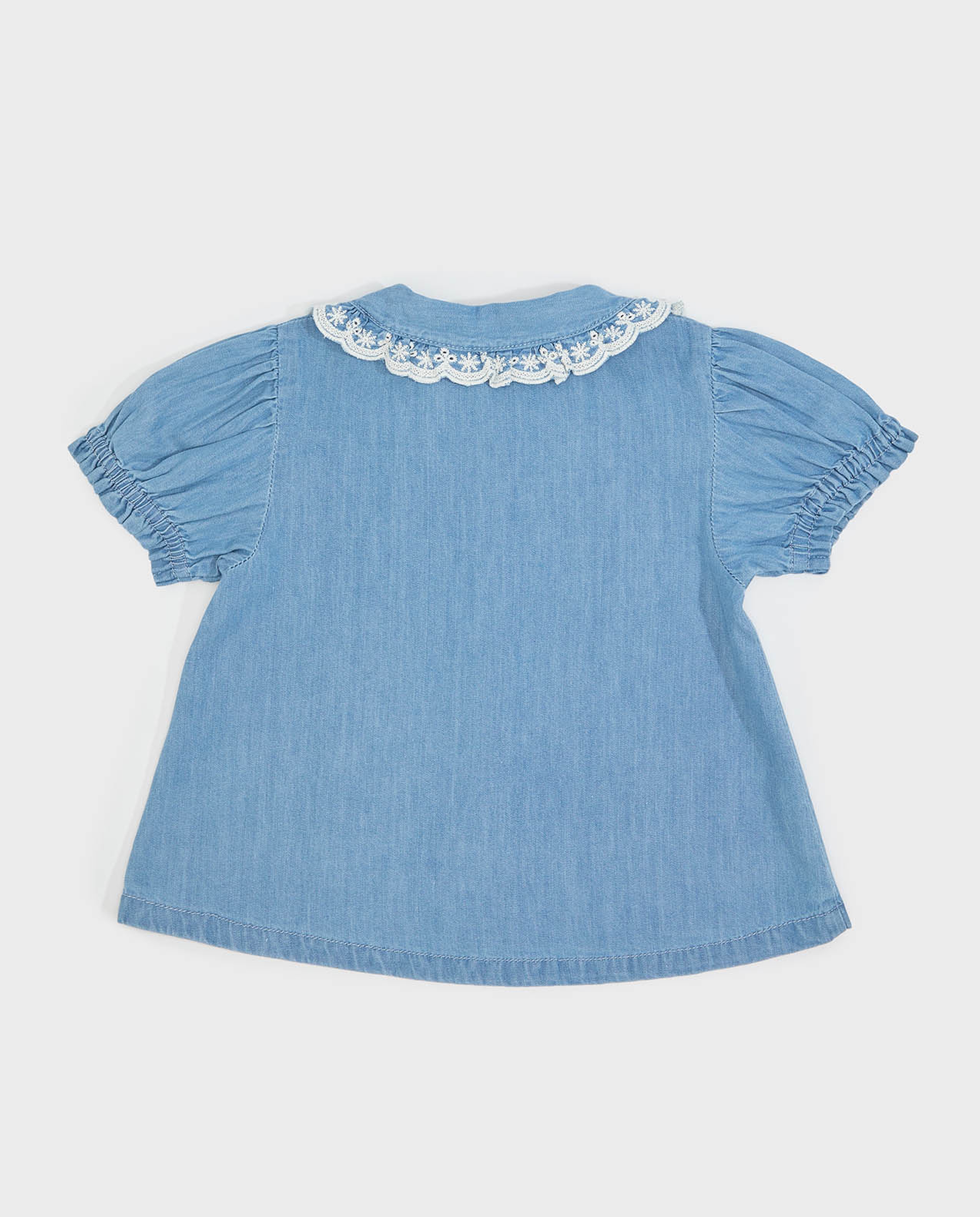 Denim Top with Peter Pan Collar and Puff Sleeves