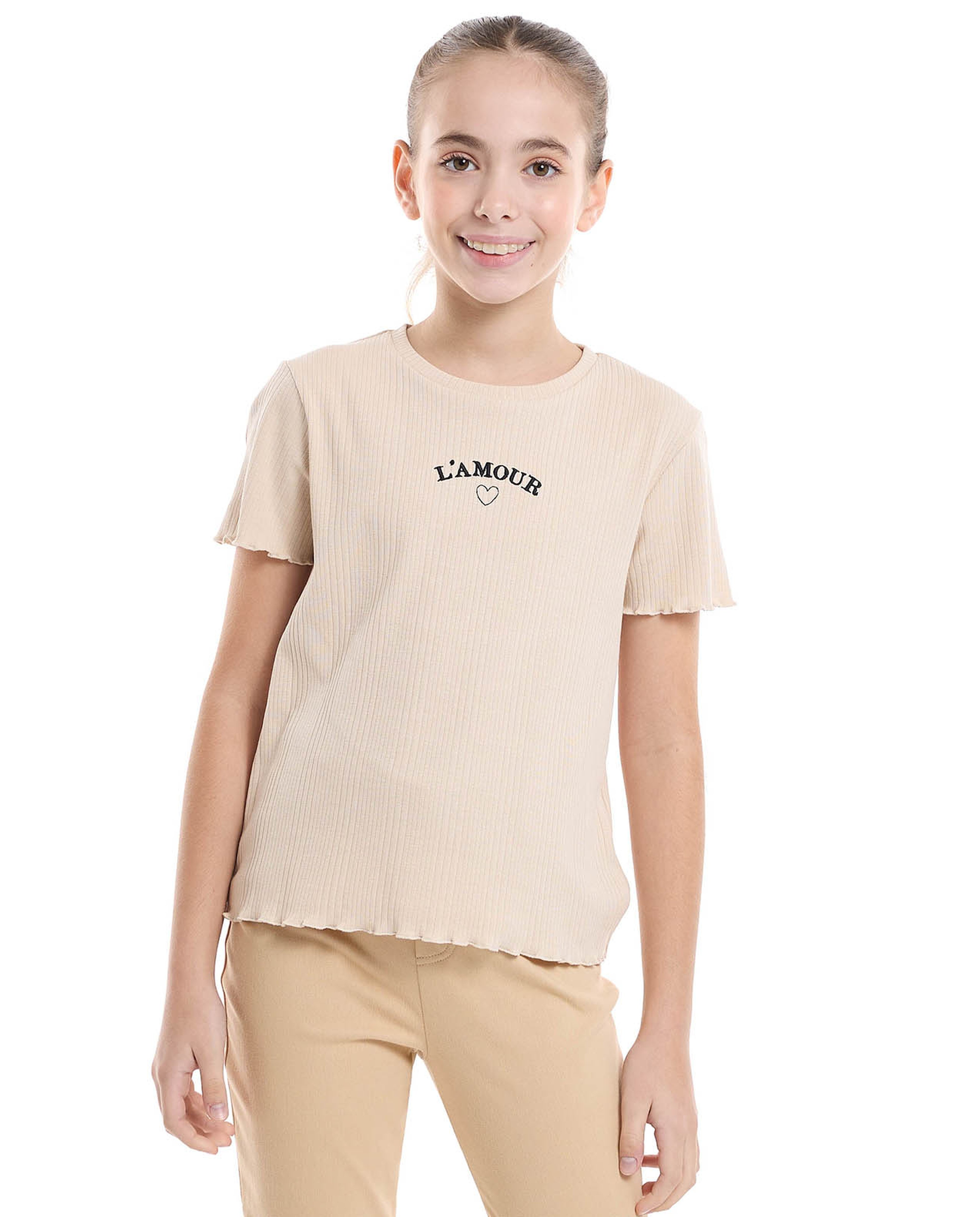 Embroidered Top with Crew Neck and Short Sleeves