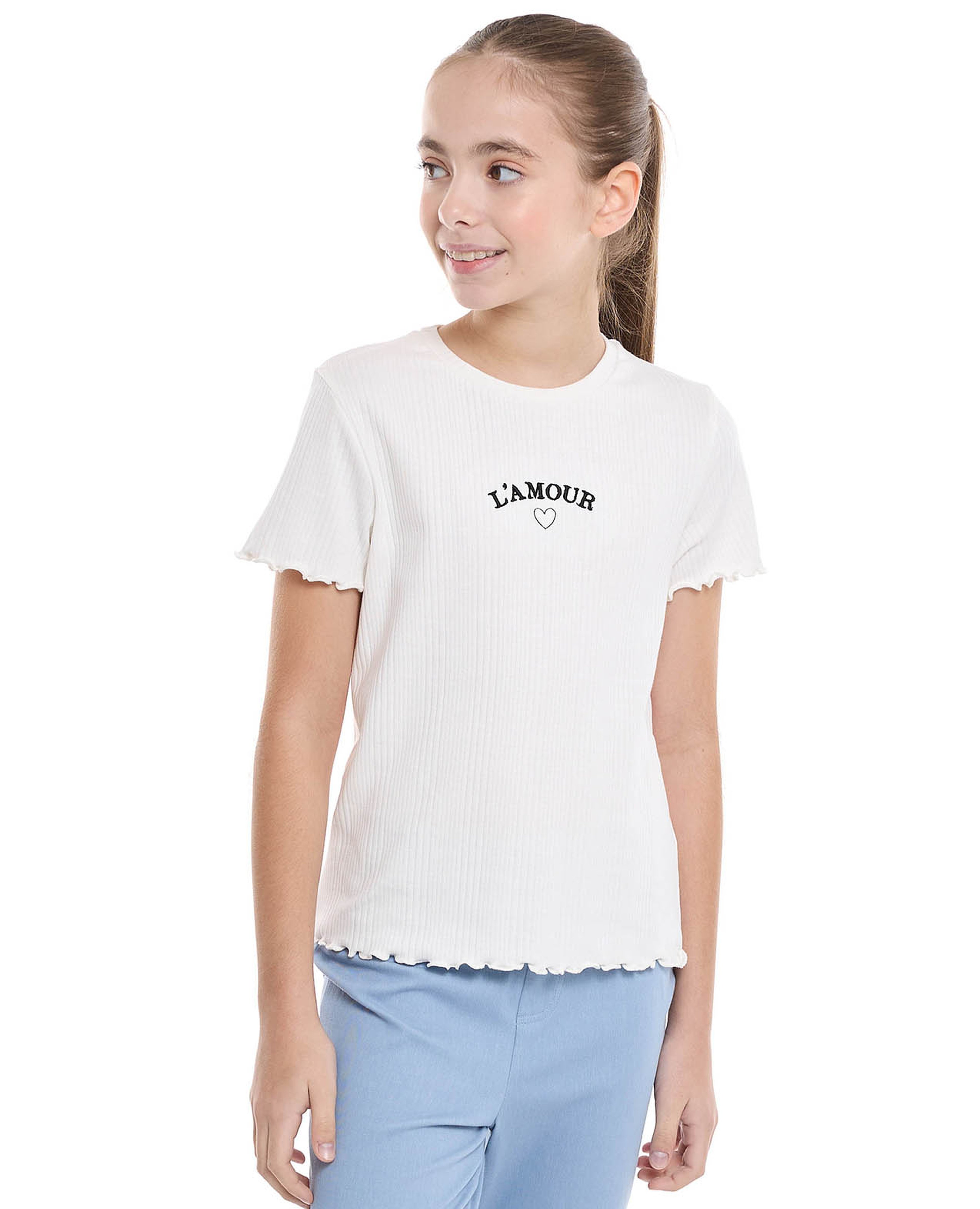 Embroidered Top with Crew Neck and Short Sleeves