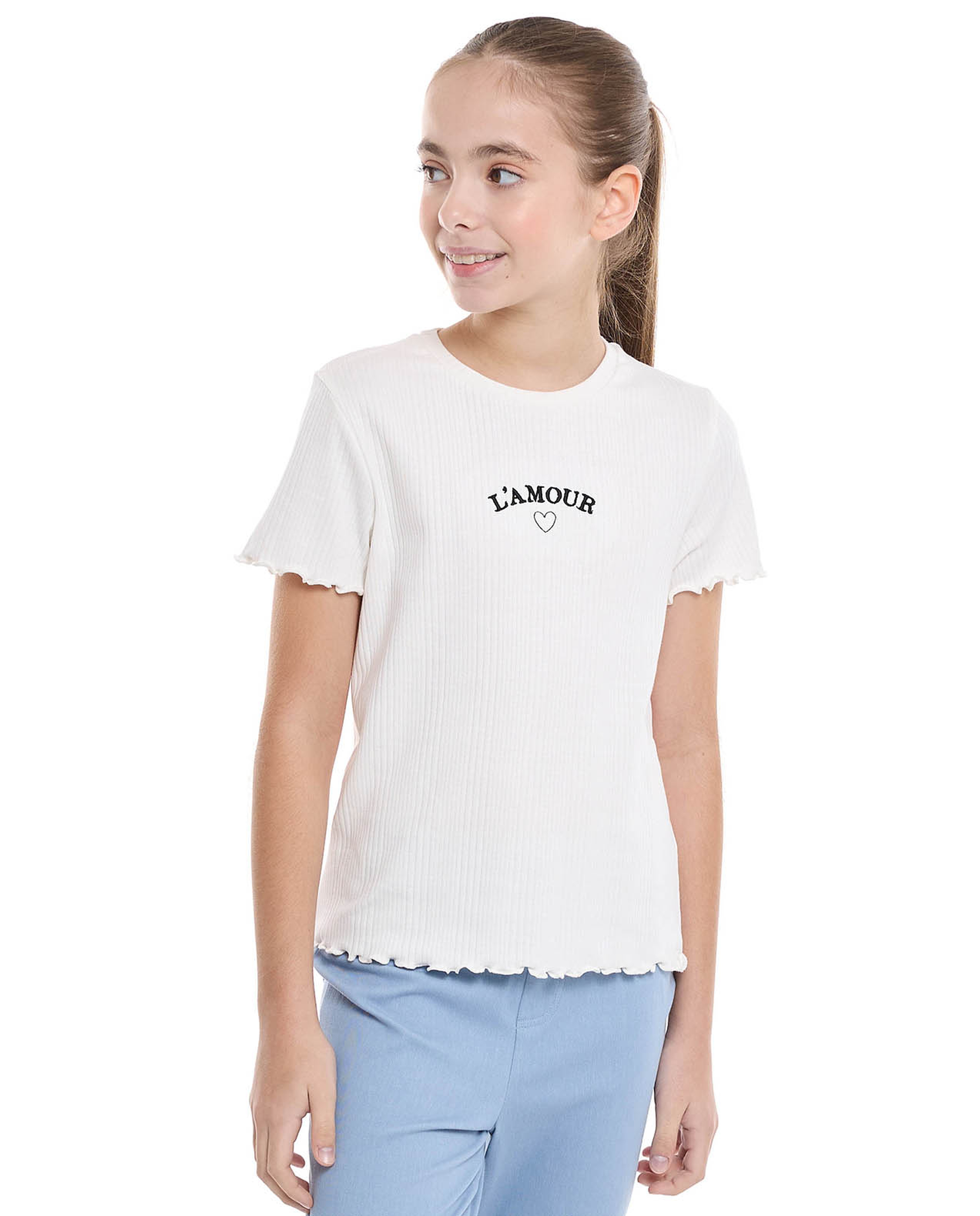 Embroidered Top with Crew Neck and Short Sleeves