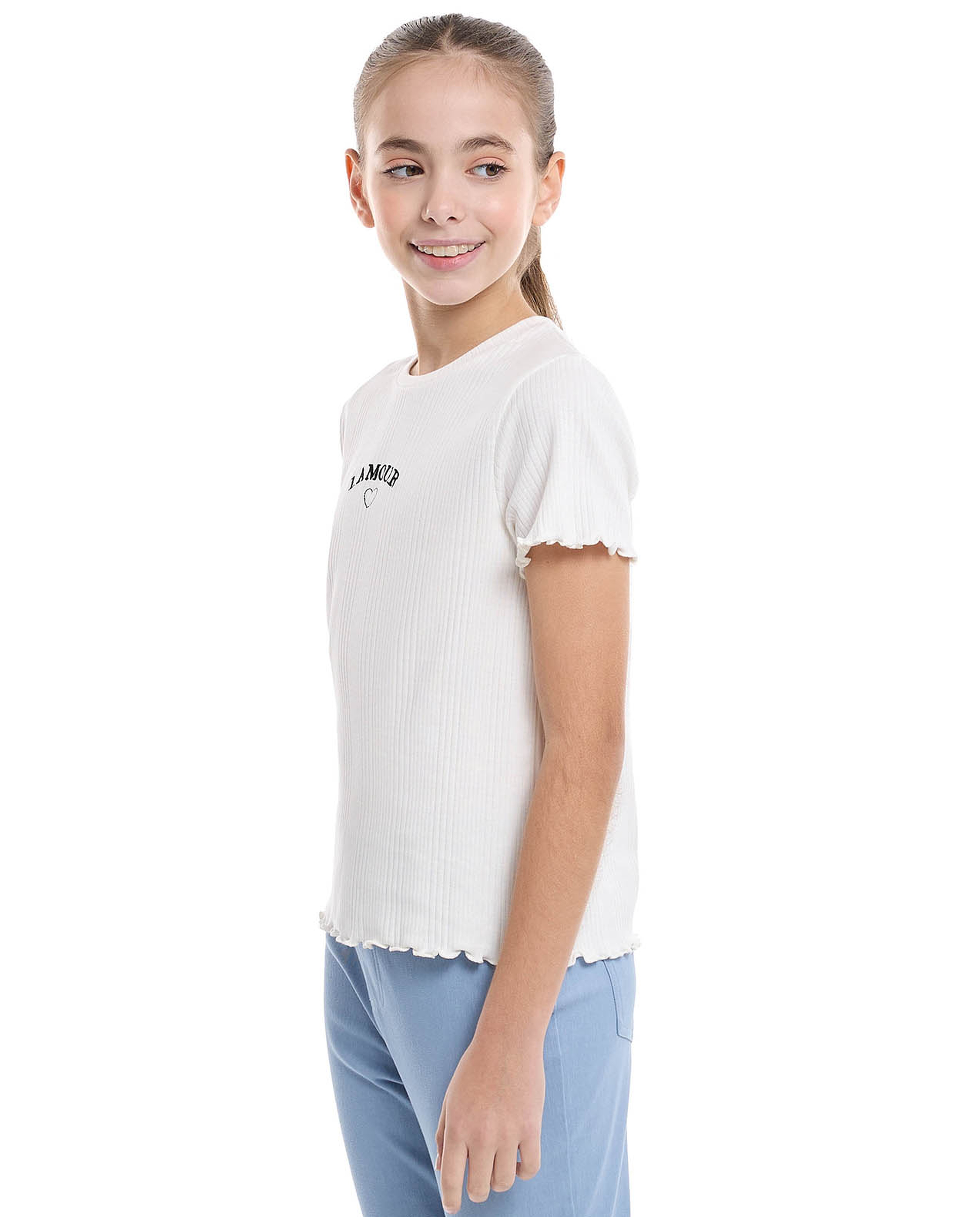 Embroidered Top with Crew Neck and Short Sleeves