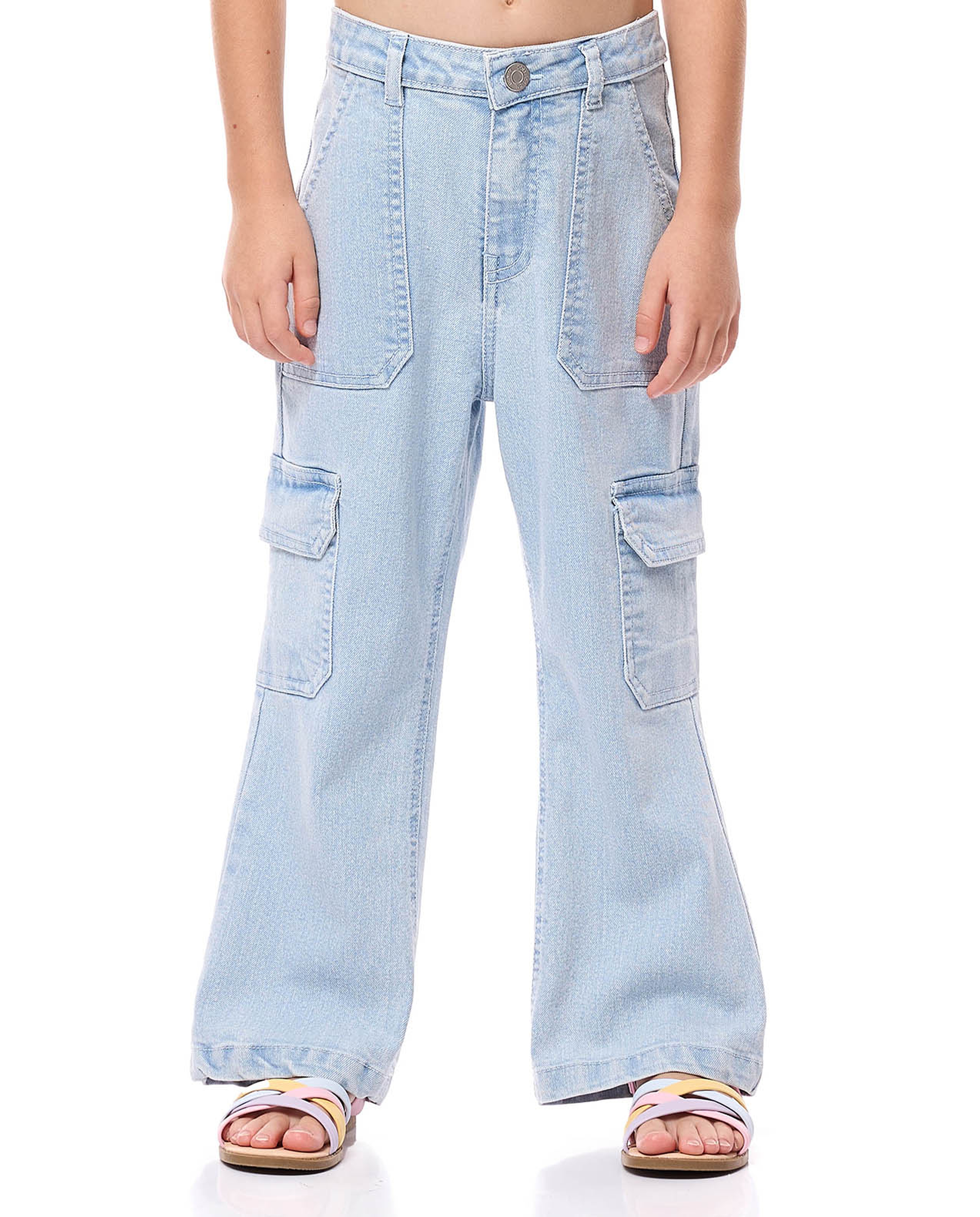 Washed Cargo Flared Jeans with Button Closure