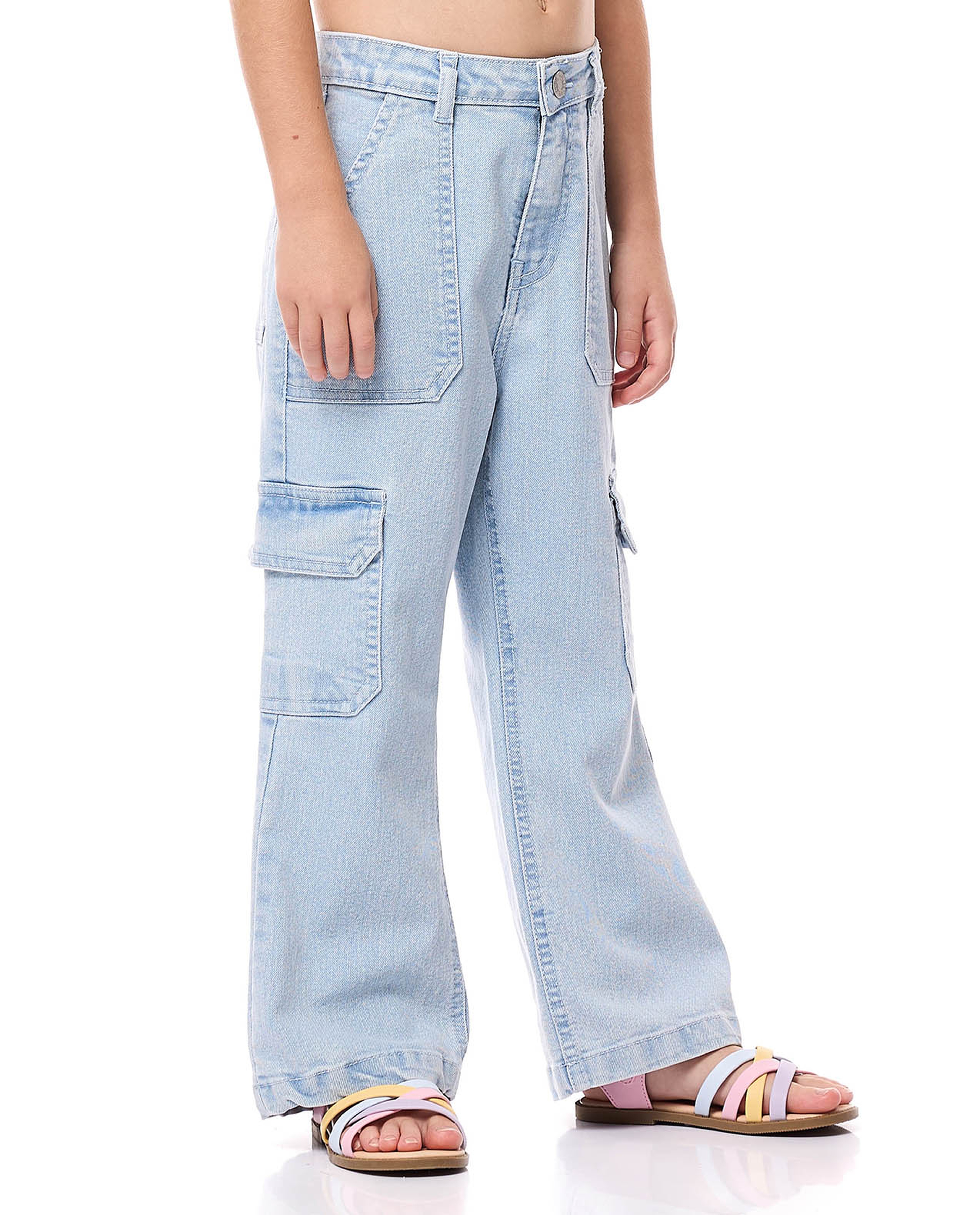 Washed Cargo Flared Jeans with Button Closure