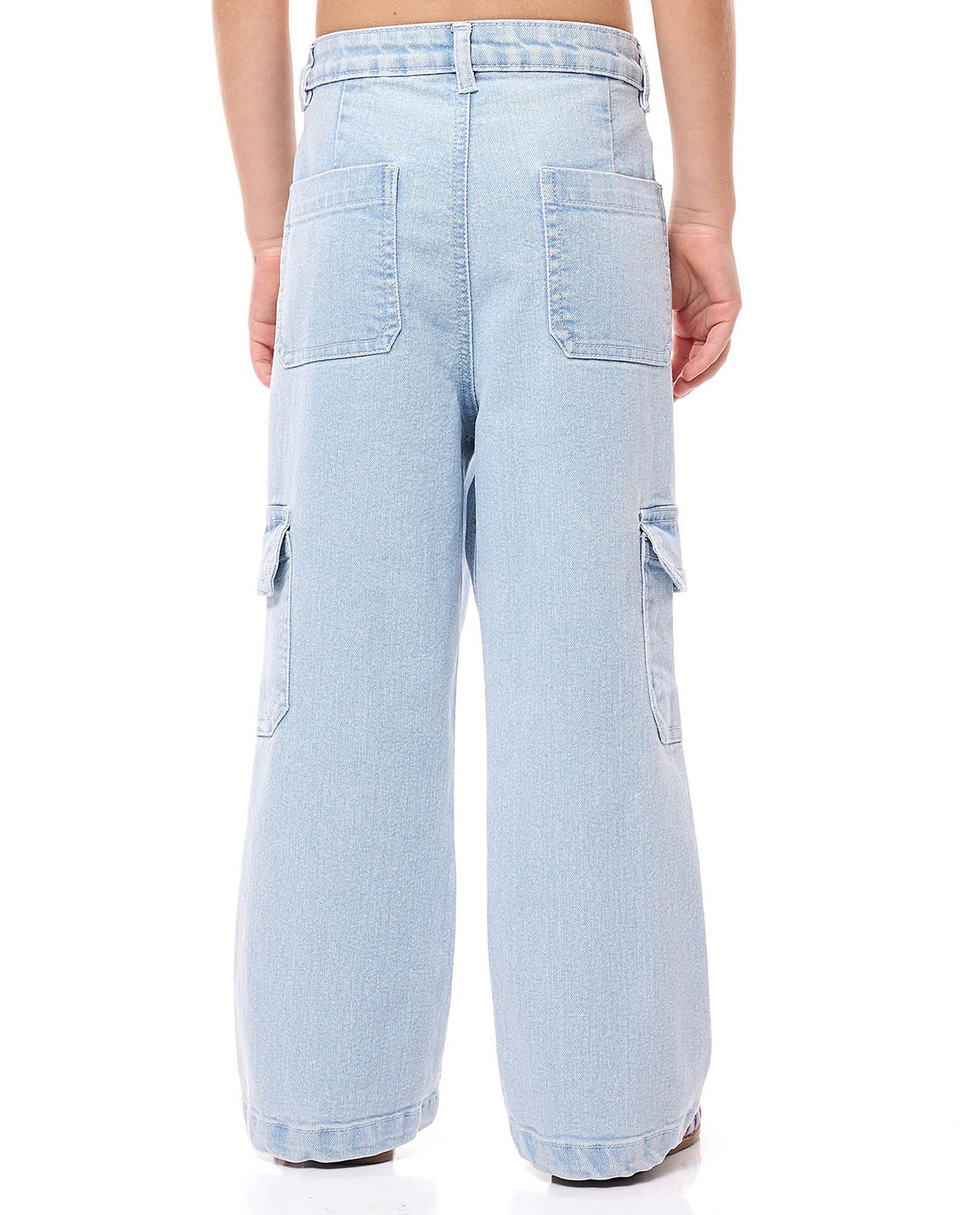 Washed Cargo Flared Jeans with Button Closure