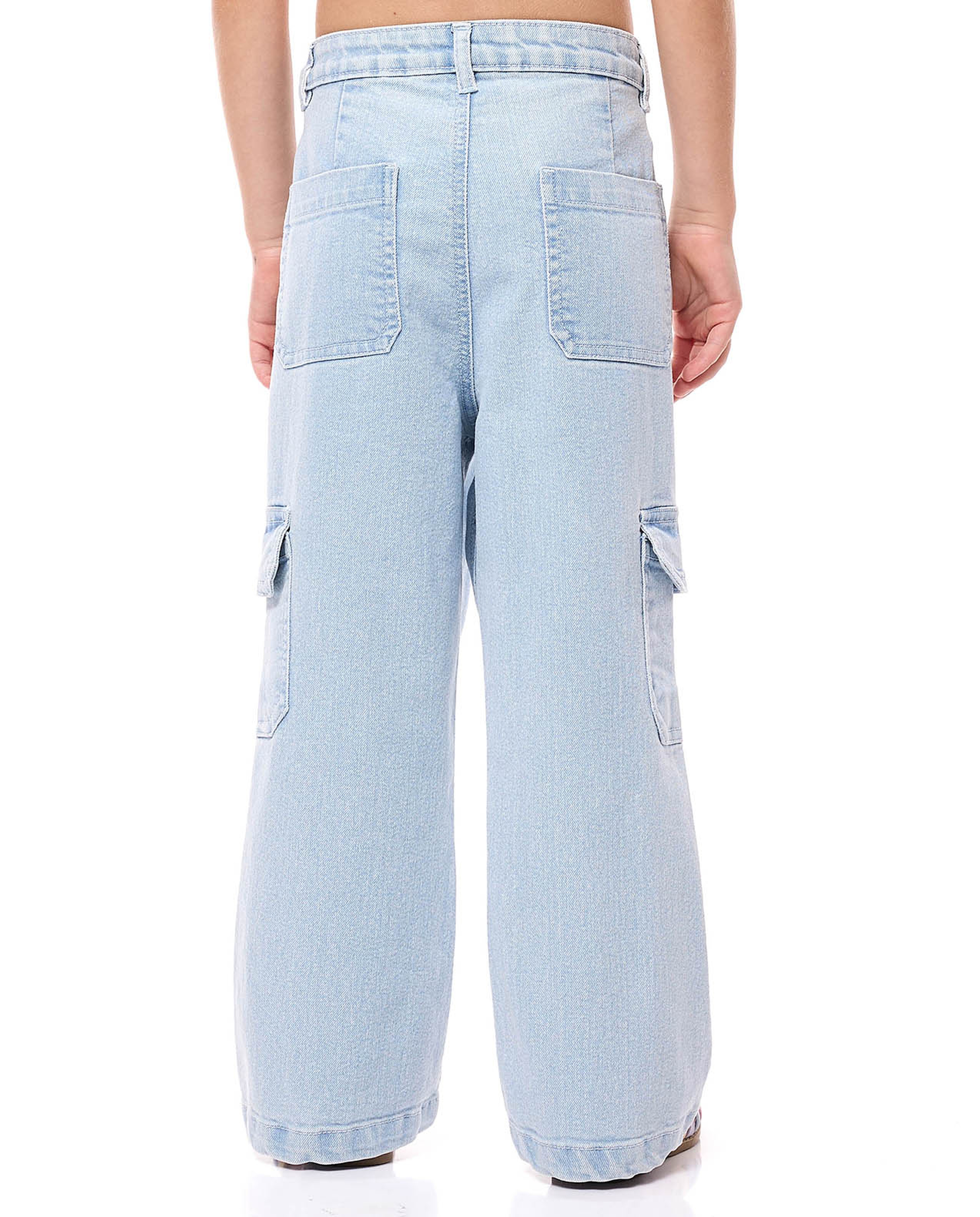 Washed Cargo Flared Jeans with Button Closure