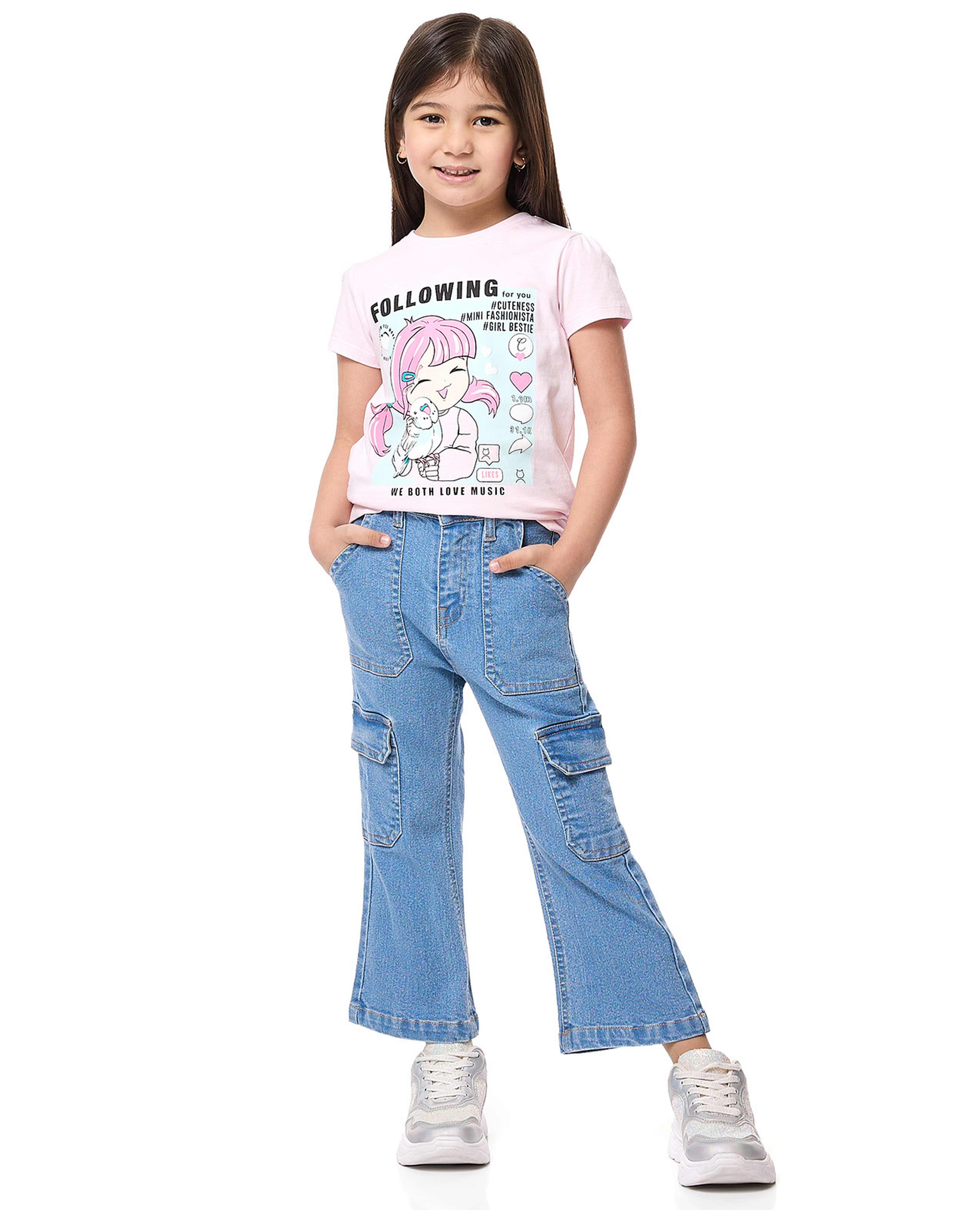 Washed Cargo Flared Jeans with Button Closure