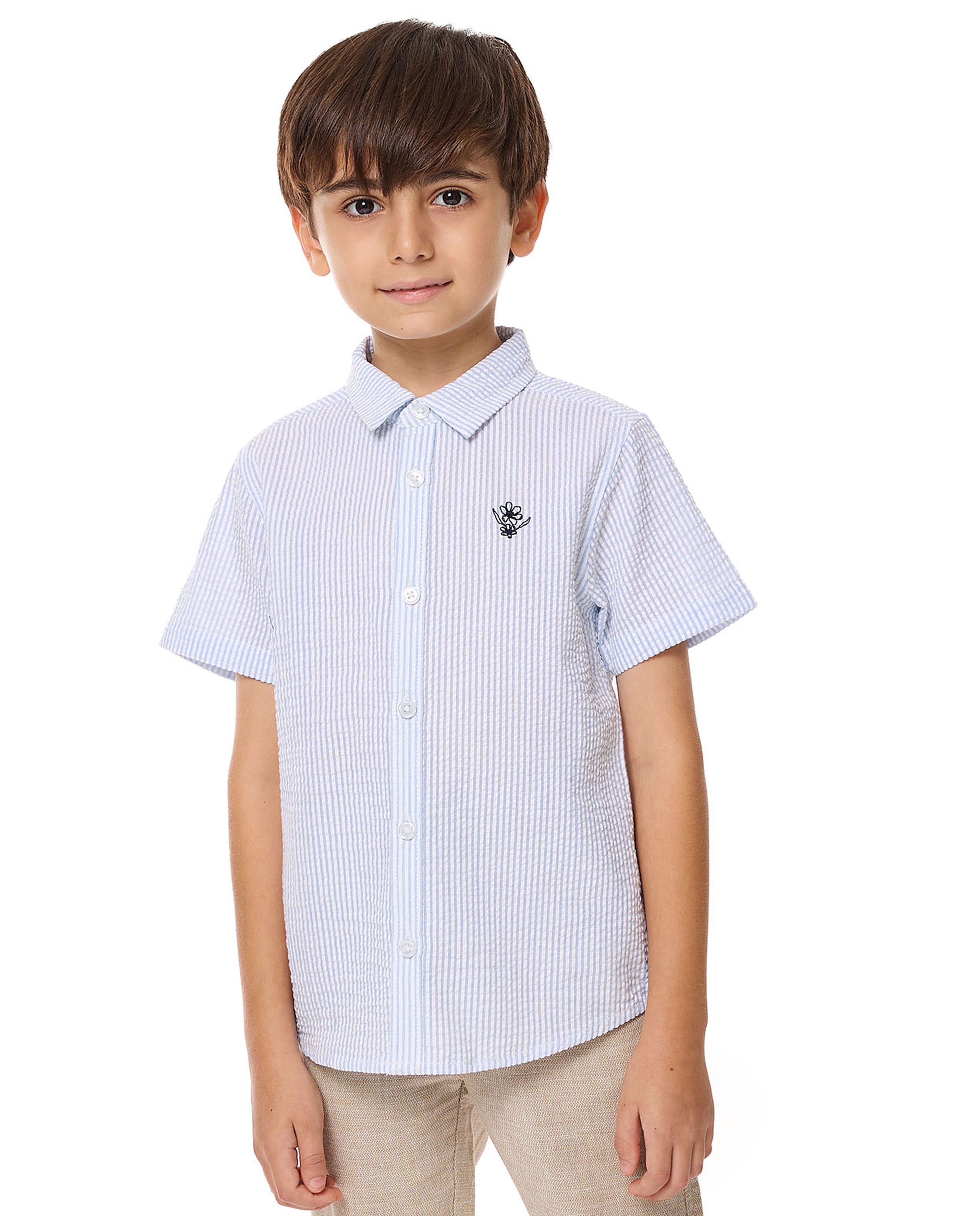 Striped Shirt with Classic Collar and Short Sleeves