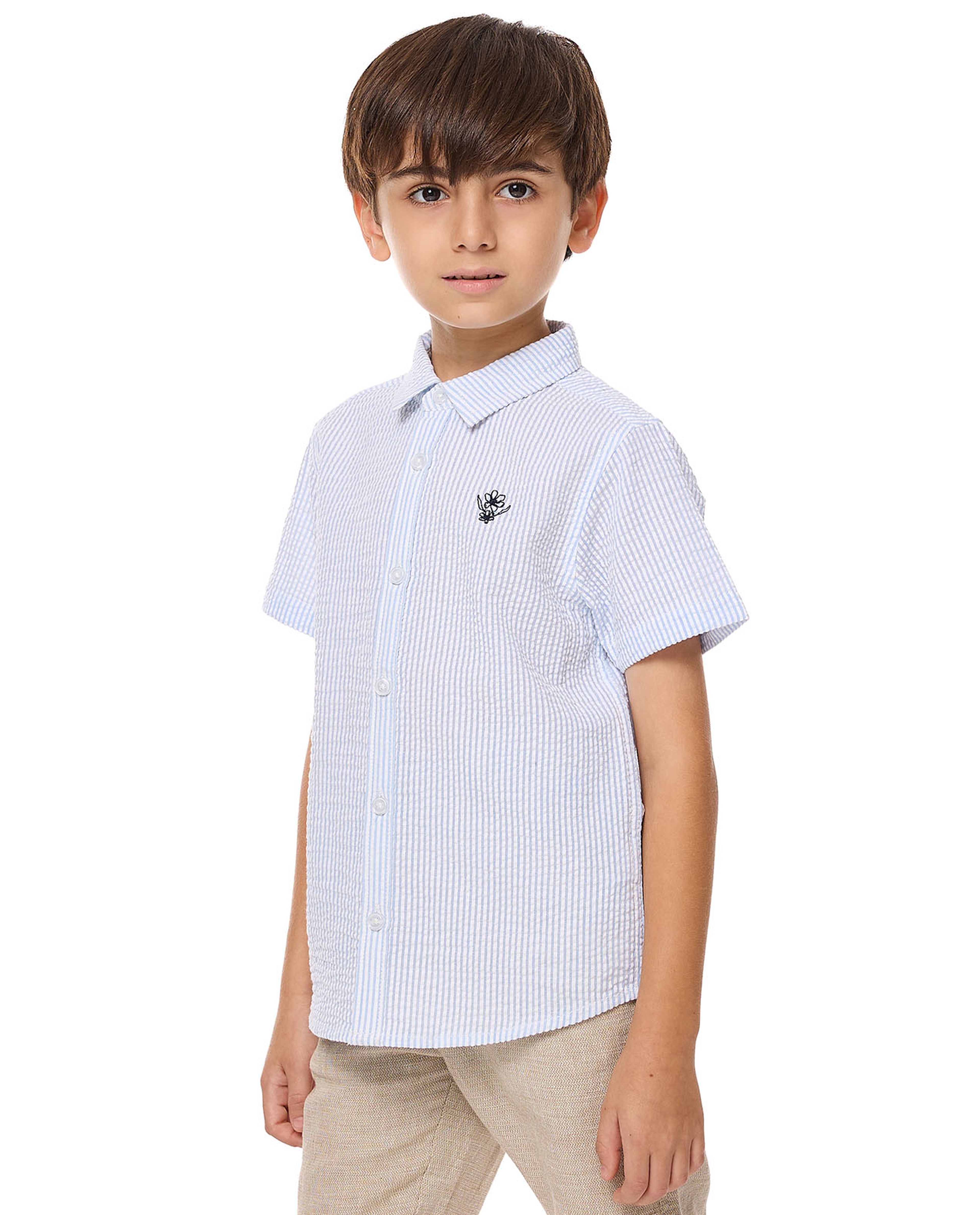 Striped Shirt with Classic Collar and Short Sleeves