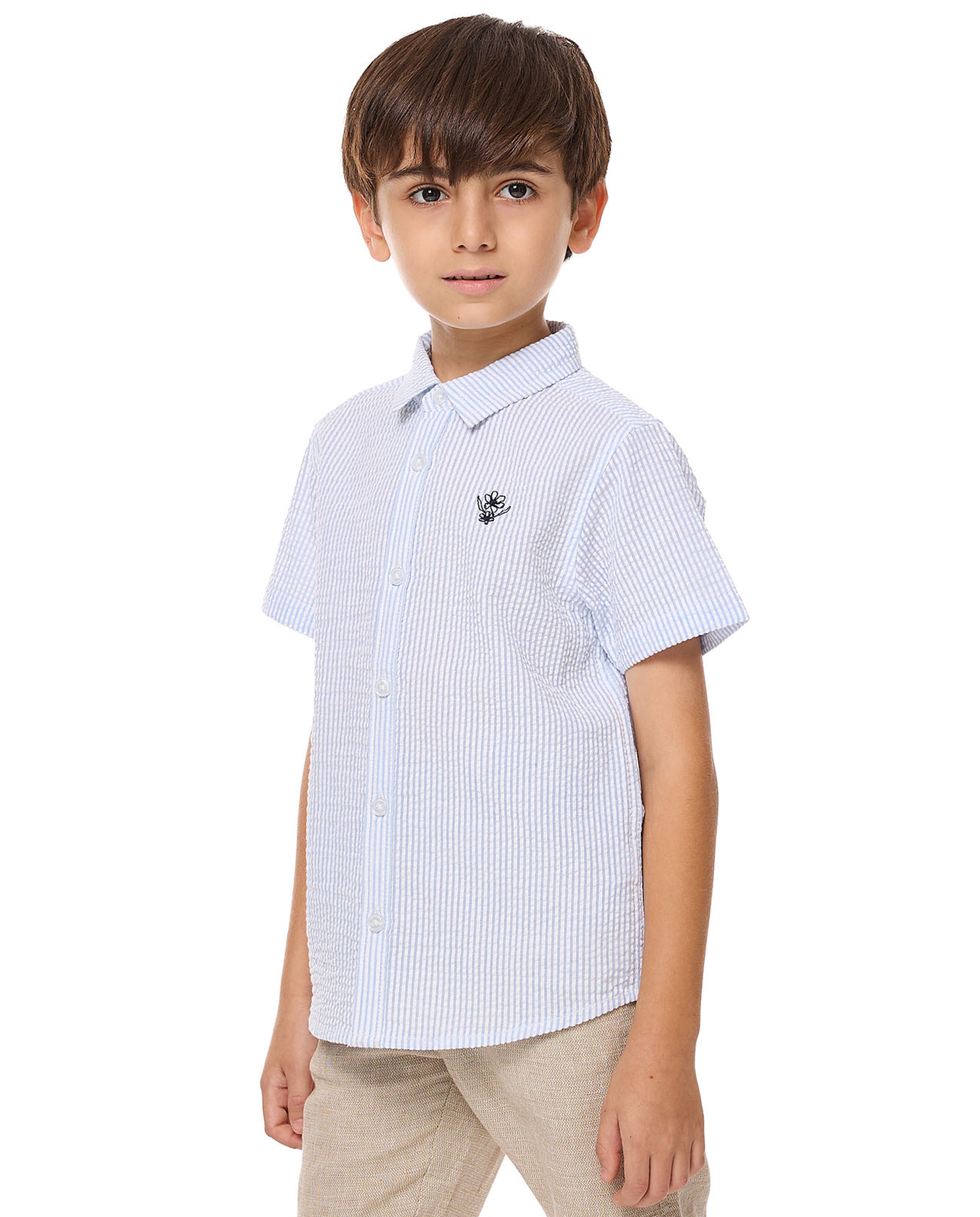 Striped Shirt with Classic Collar and Short Sleeves