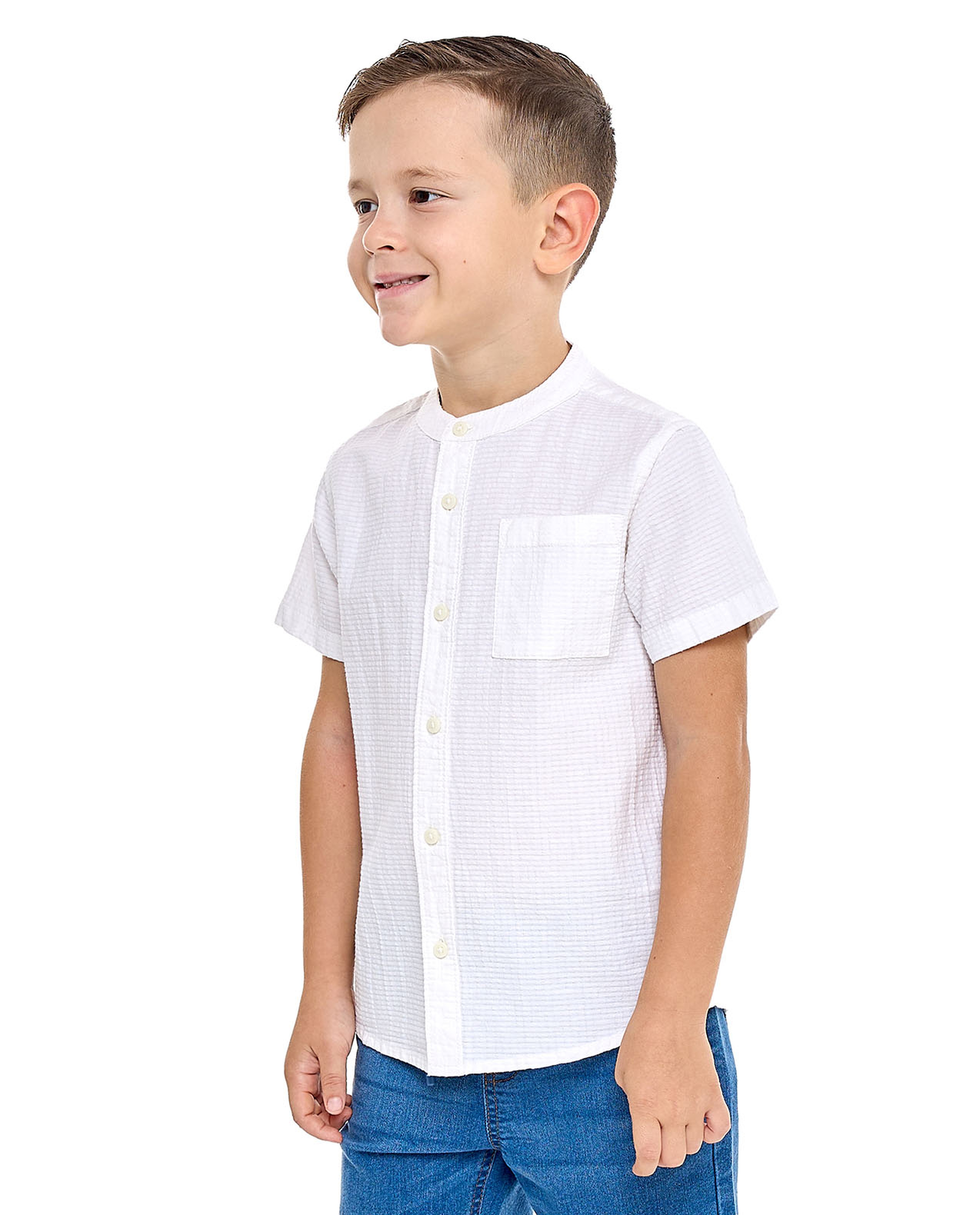 Textured Shirt with Mandarin Collar and Short Sleeves