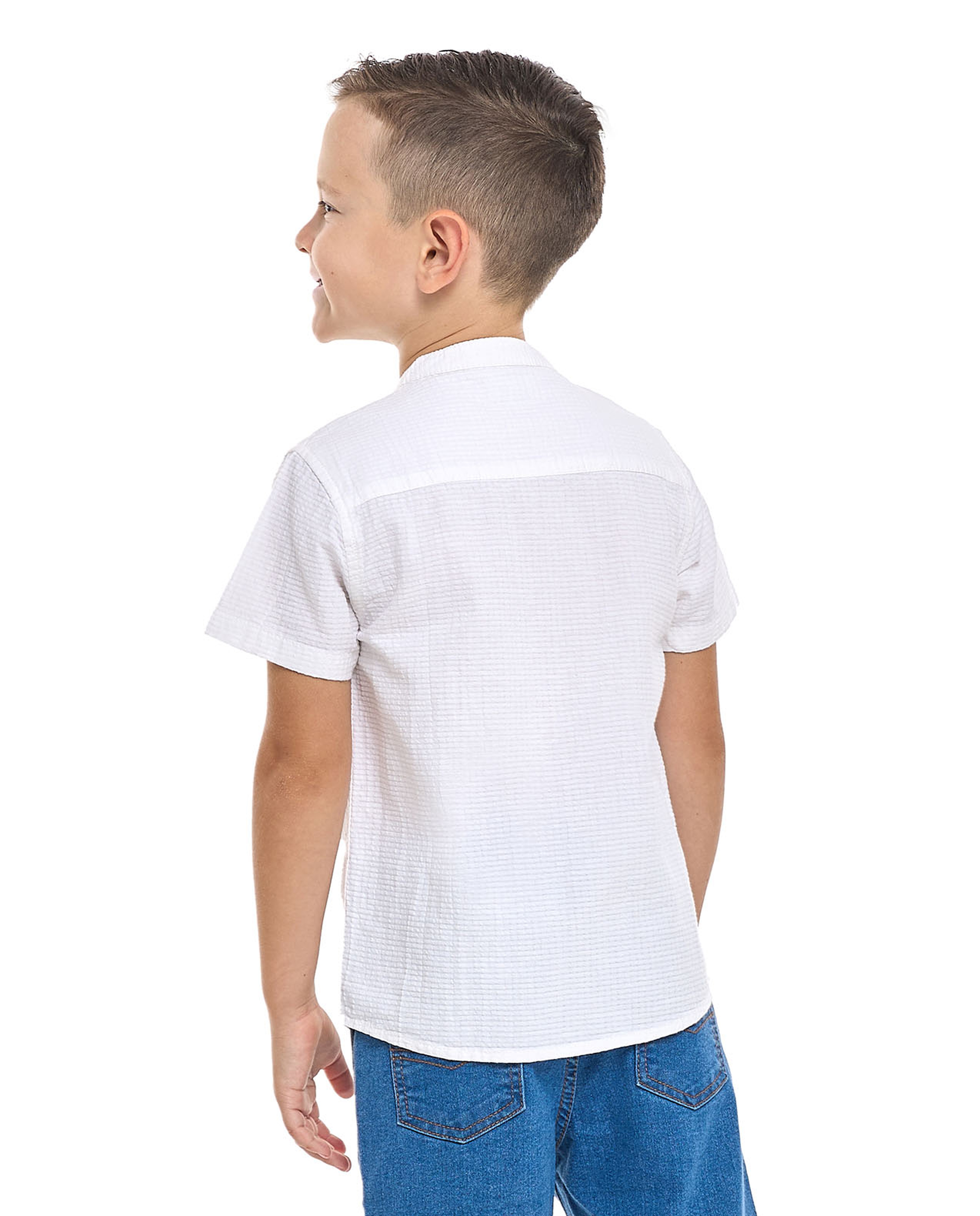 Textured Shirt with Mandarin Collar and Short Sleeves