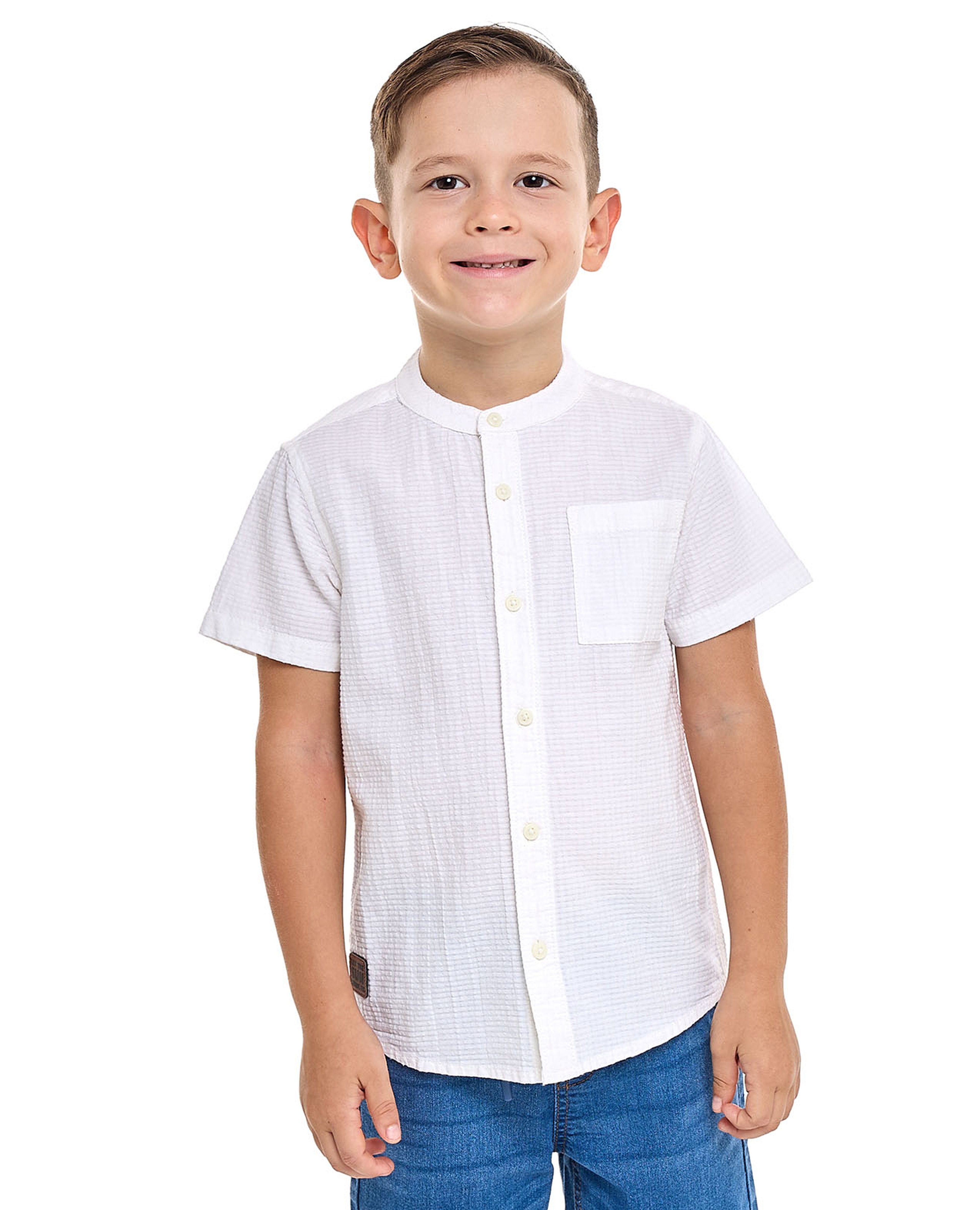 Textured Shirt with Mandarin Collar and Short Sleeves