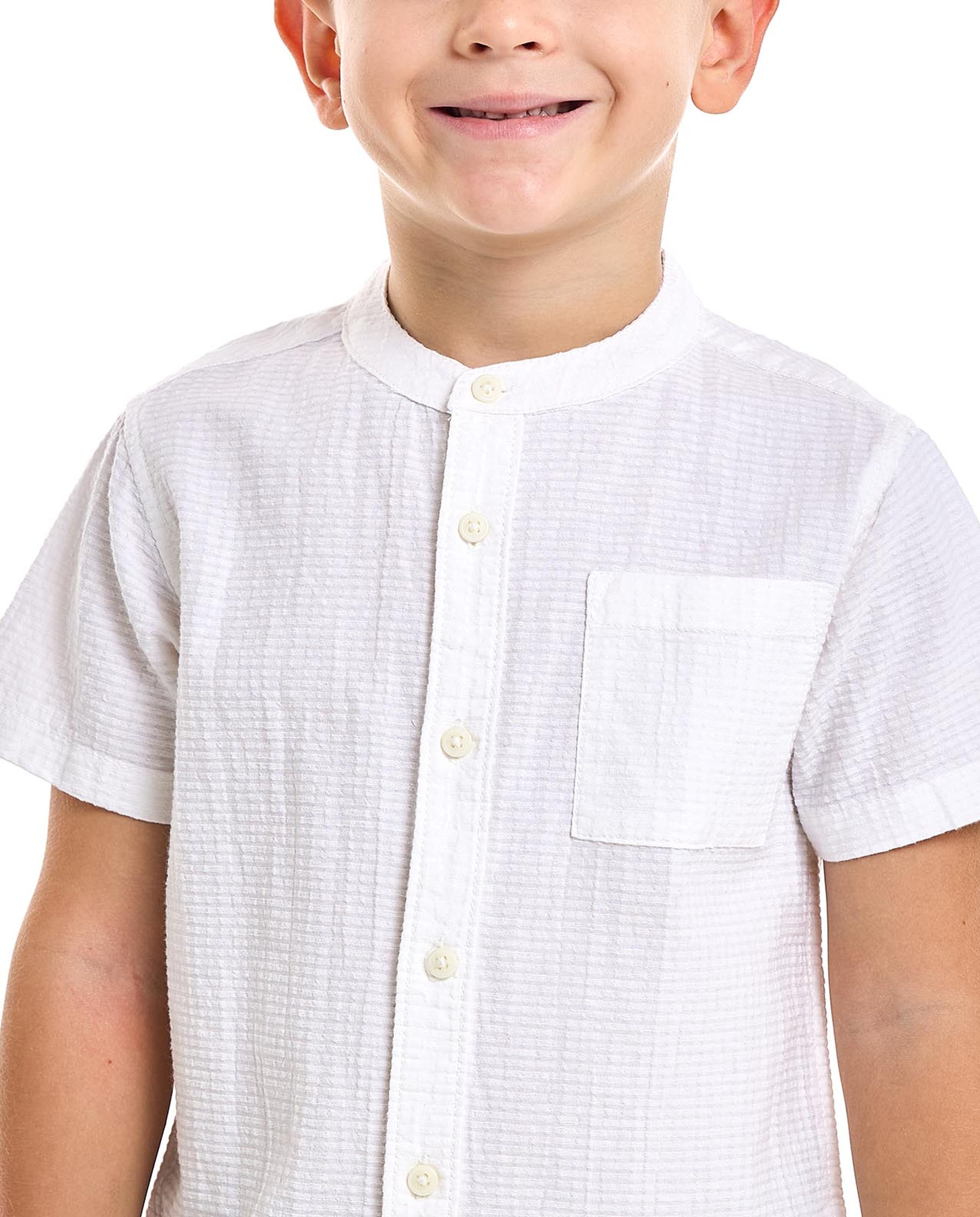 Textured Shirt with Mandarin Collar and Short Sleeves