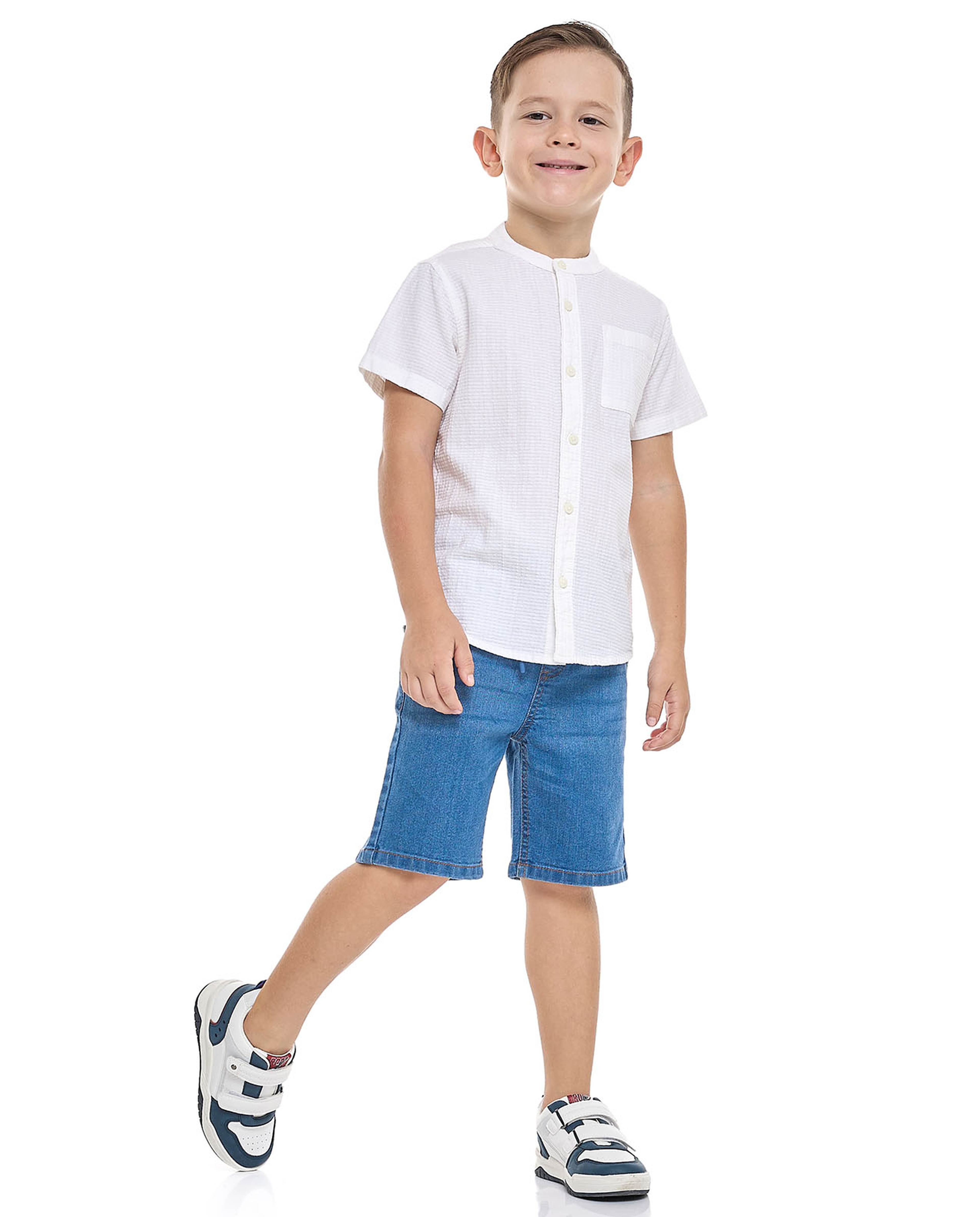 Textured Shirt with Mandarin Collar and Short Sleeves