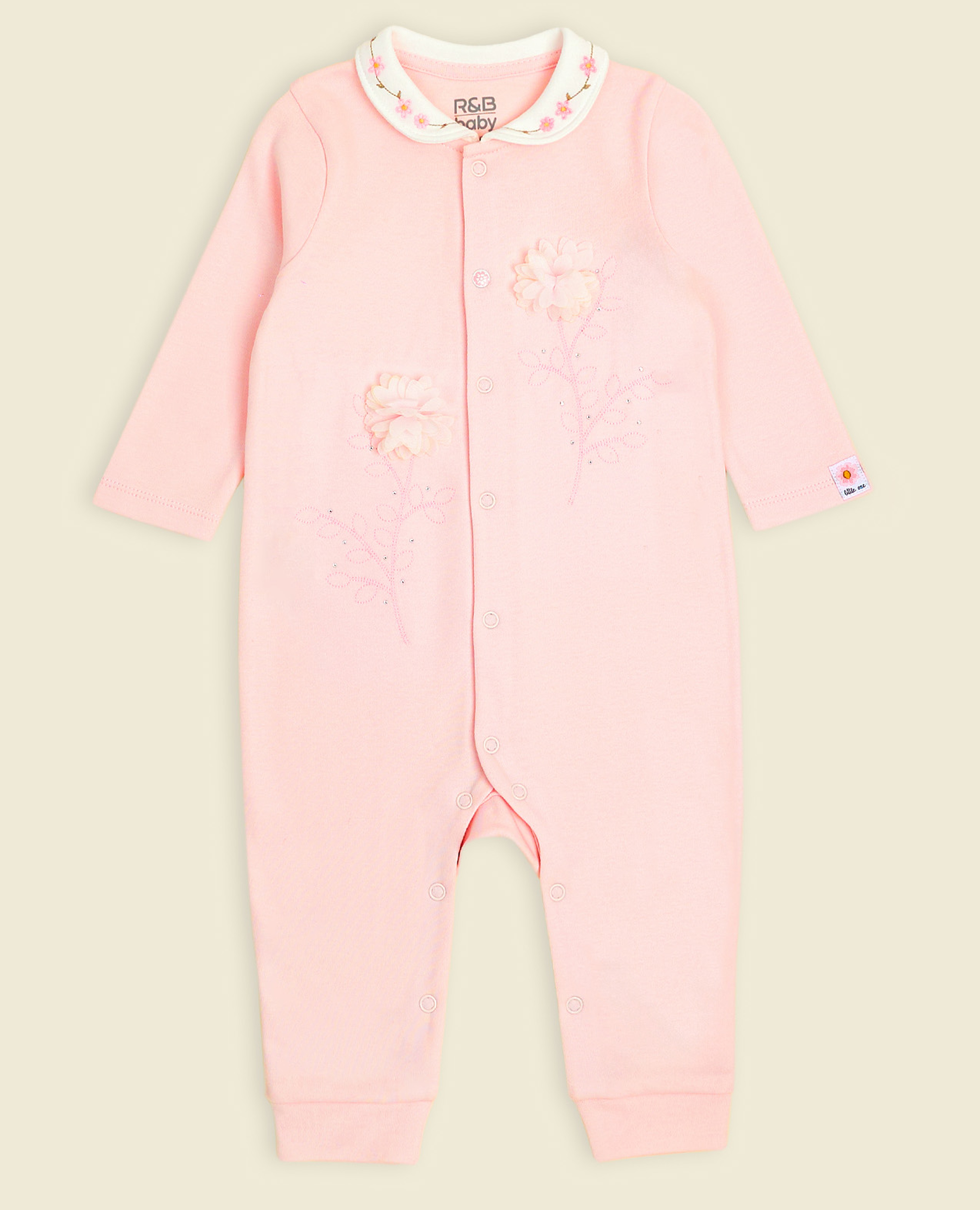 Appliqued Newborn Sleepsuit with Collar and Long Sleeves