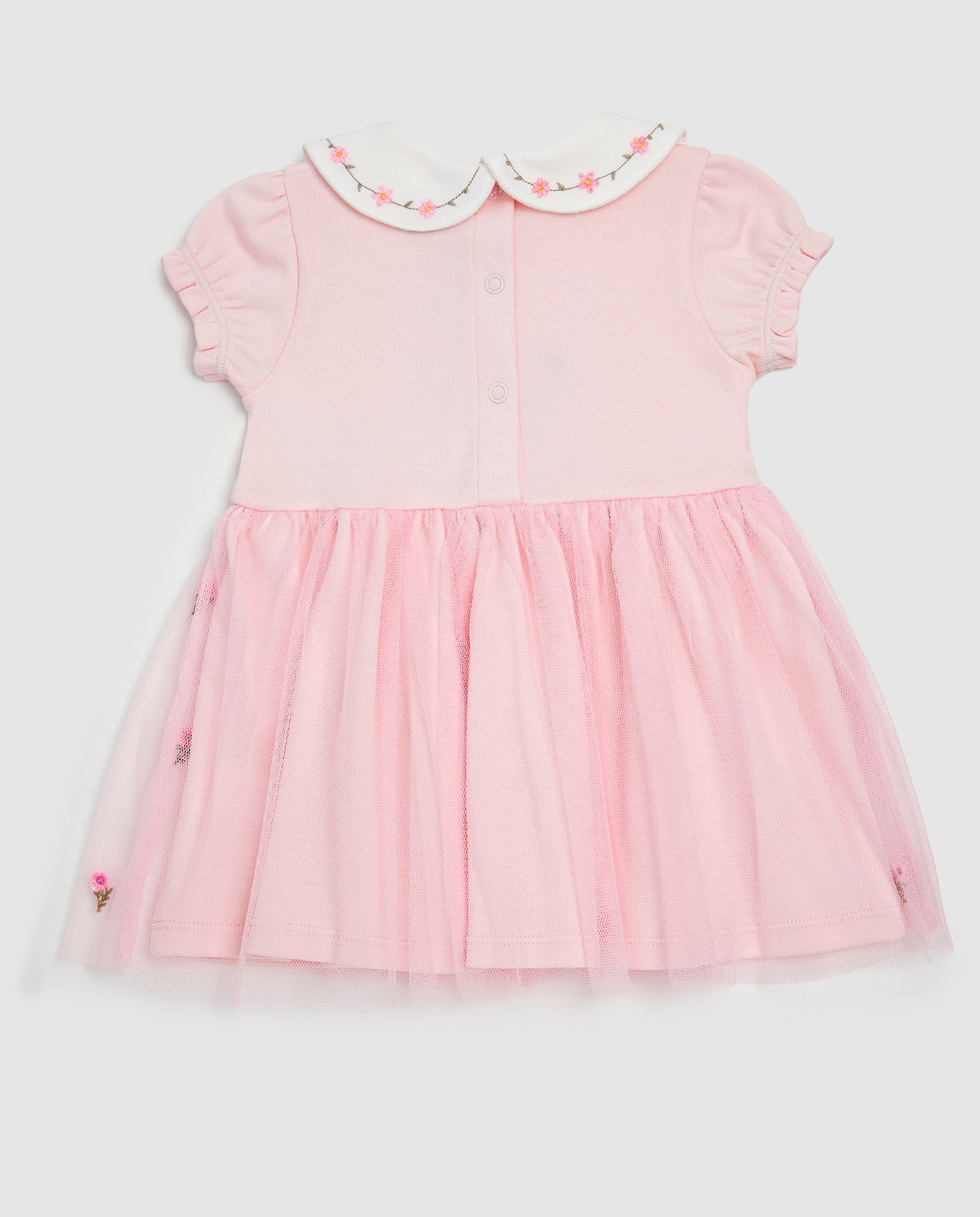 Embroidered Flared Dress with Peter Pan Collar and Puff Sleeves