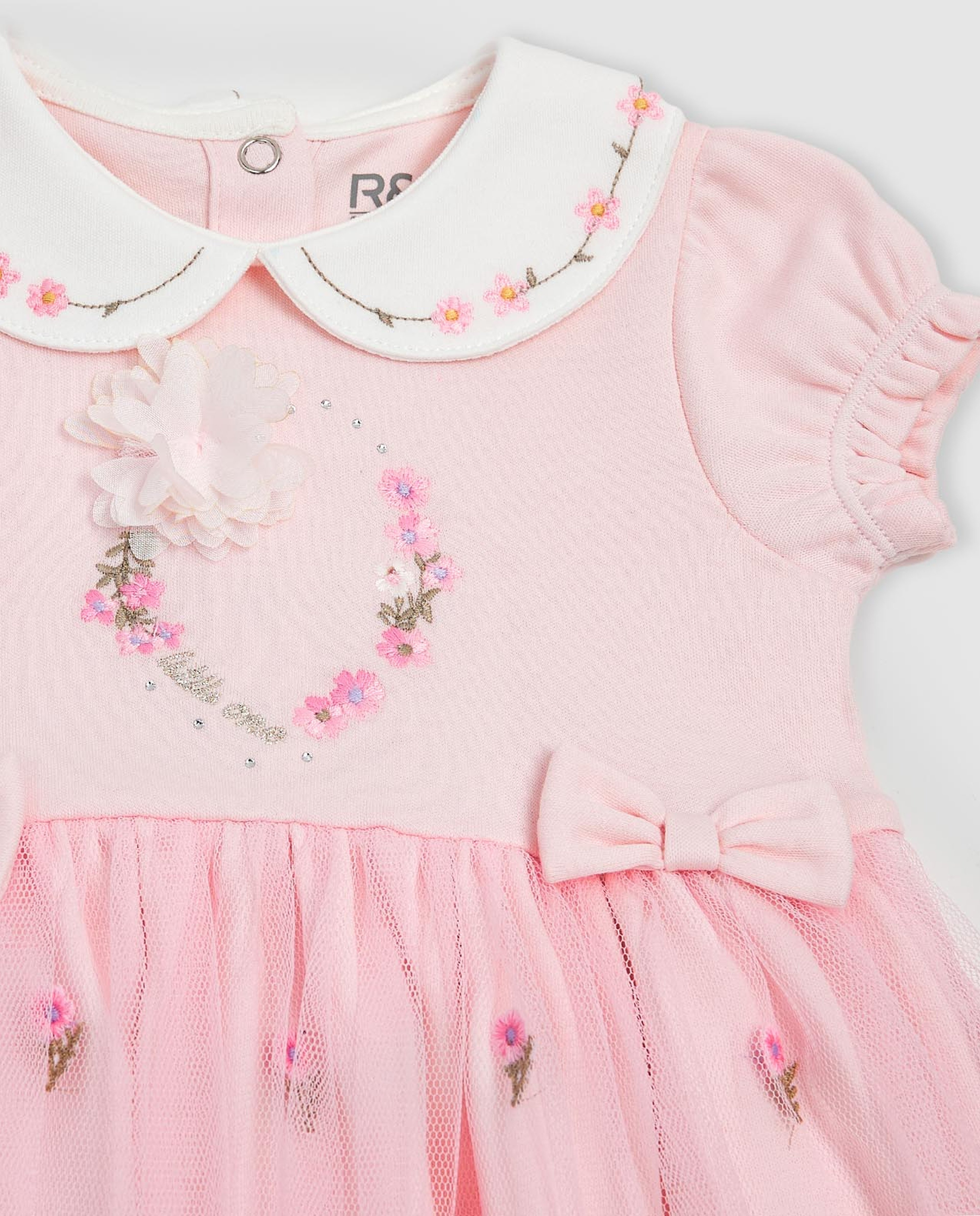 Embroidered Flared Dress with Peter Pan Collar and Puff Sleeves