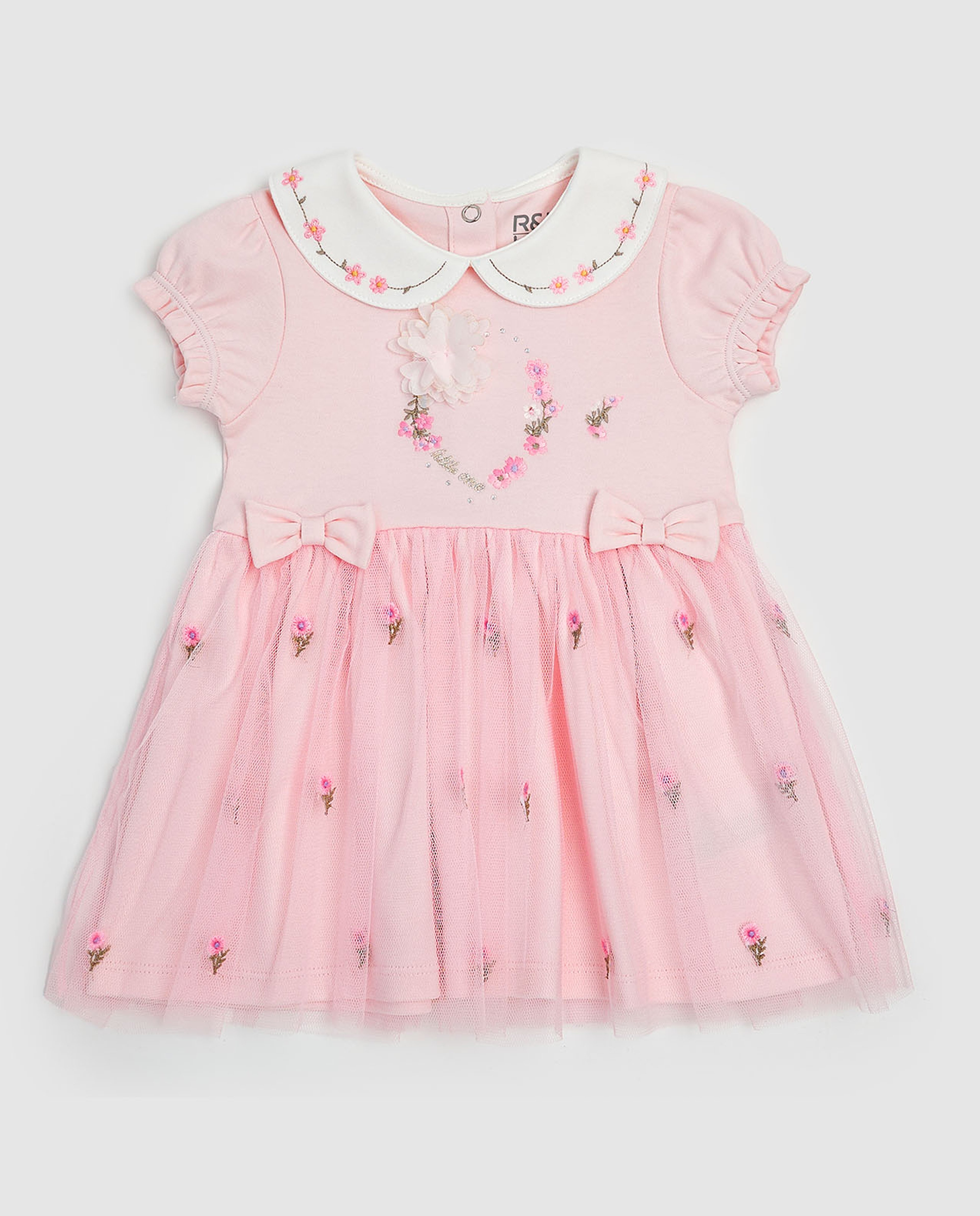 Embroidered Flared Dress with Peter Pan Collar and Puff Sleeves