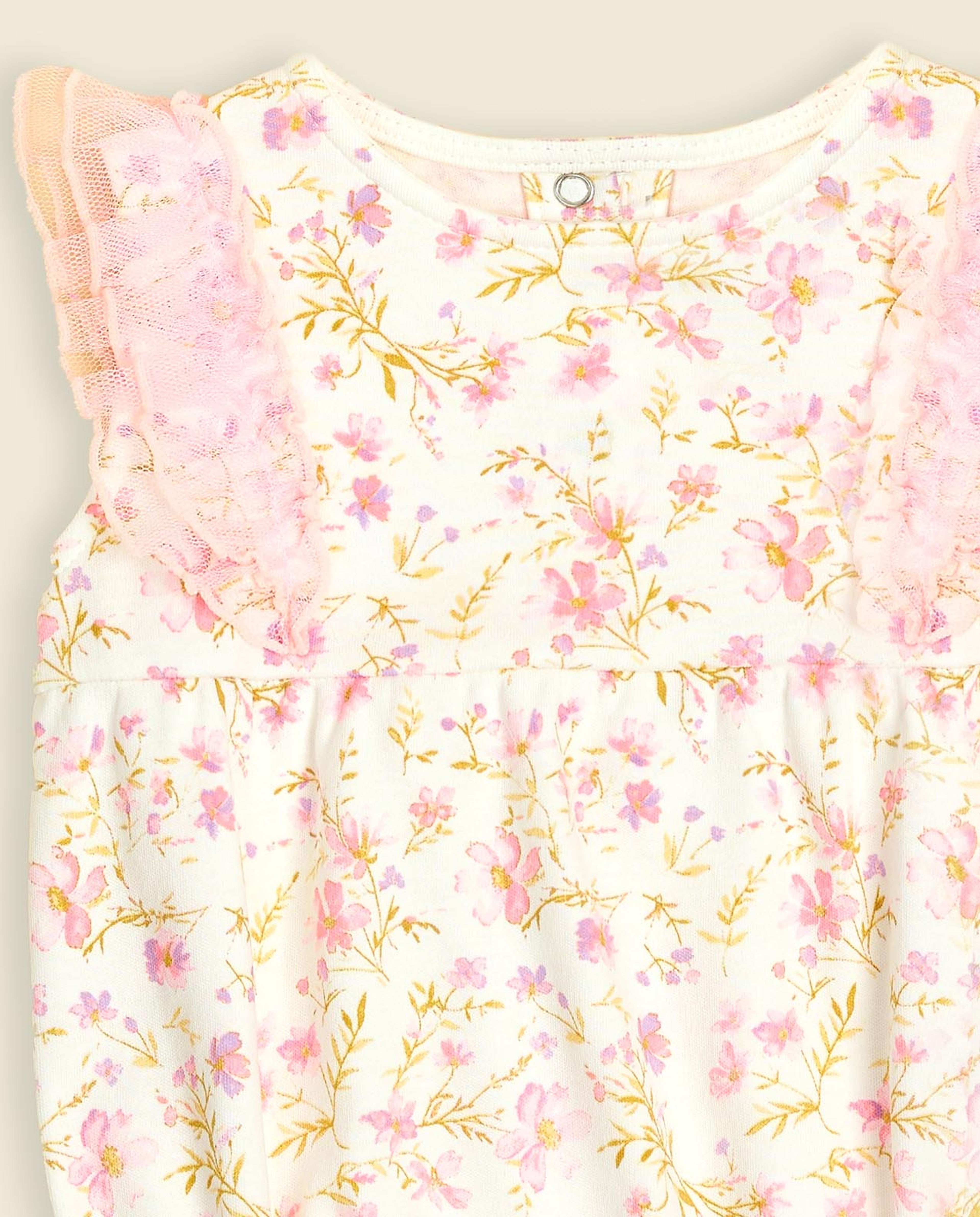 Printed Bodysuit with Crew Neck and Ruffle Sleeves