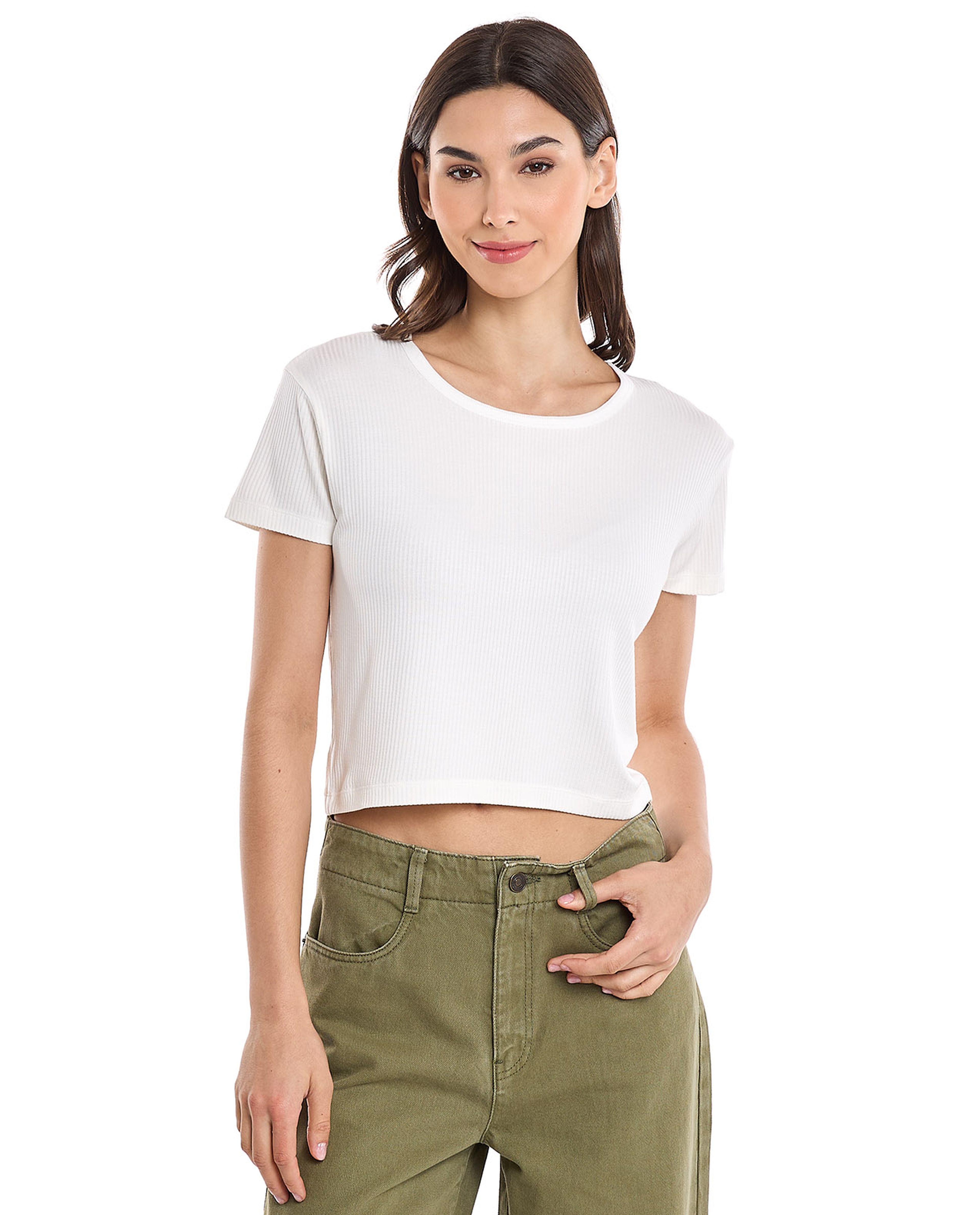 Ribbed Top with Round Neck and Short Sleeves