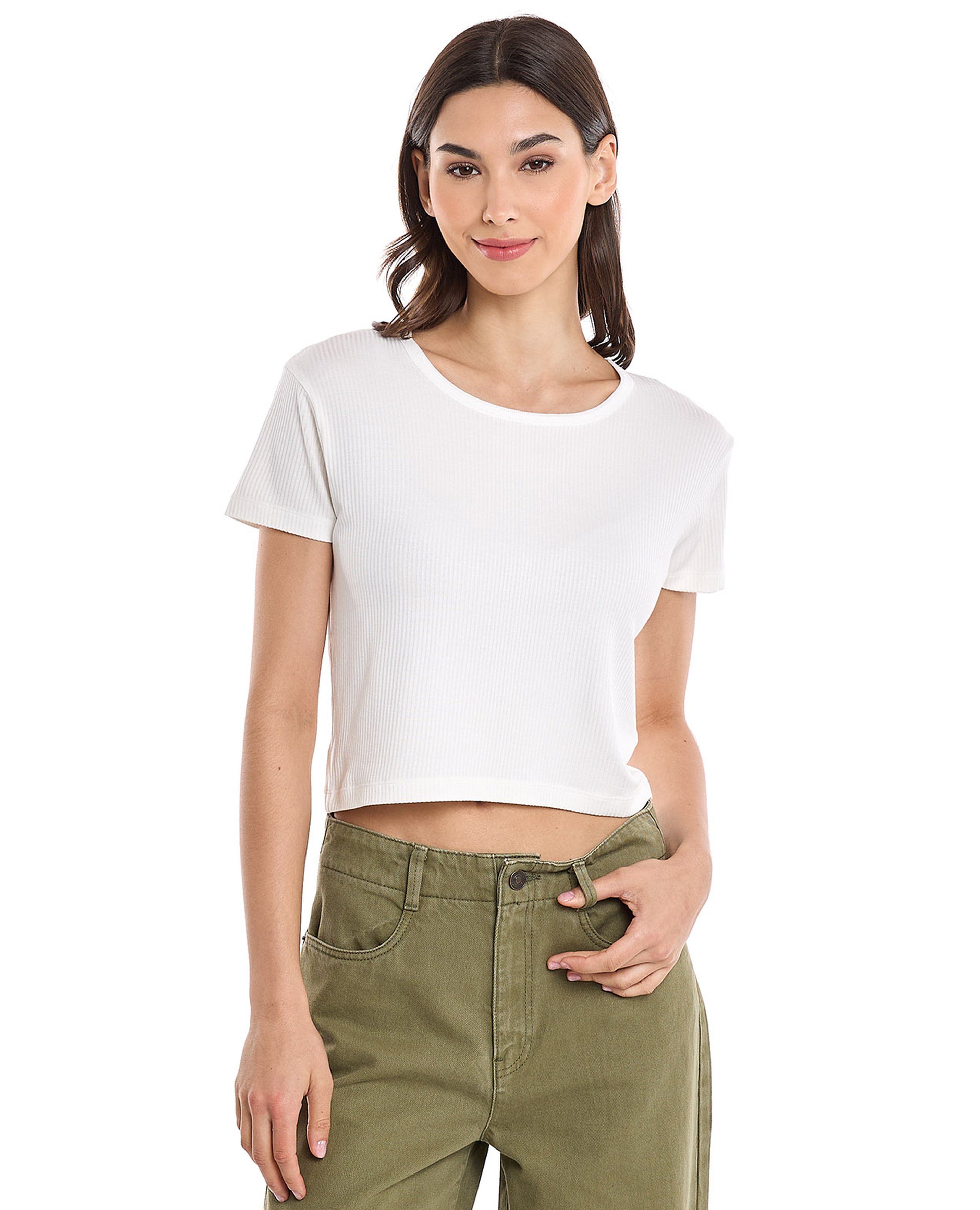 Ribbed Top with Round Neck and Short Sleeves