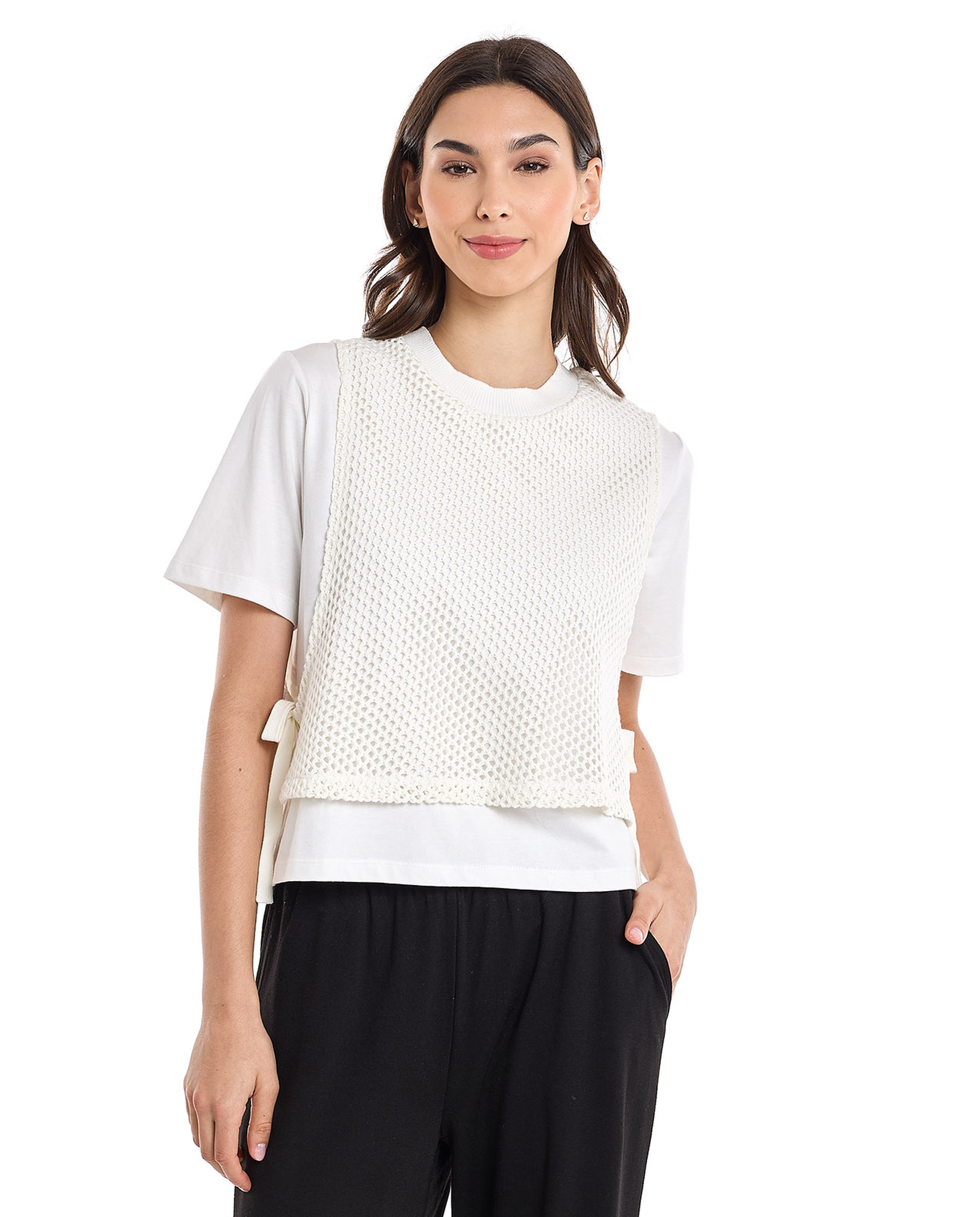 Knitted Layered Top with Crew Neck and Short Sleeves