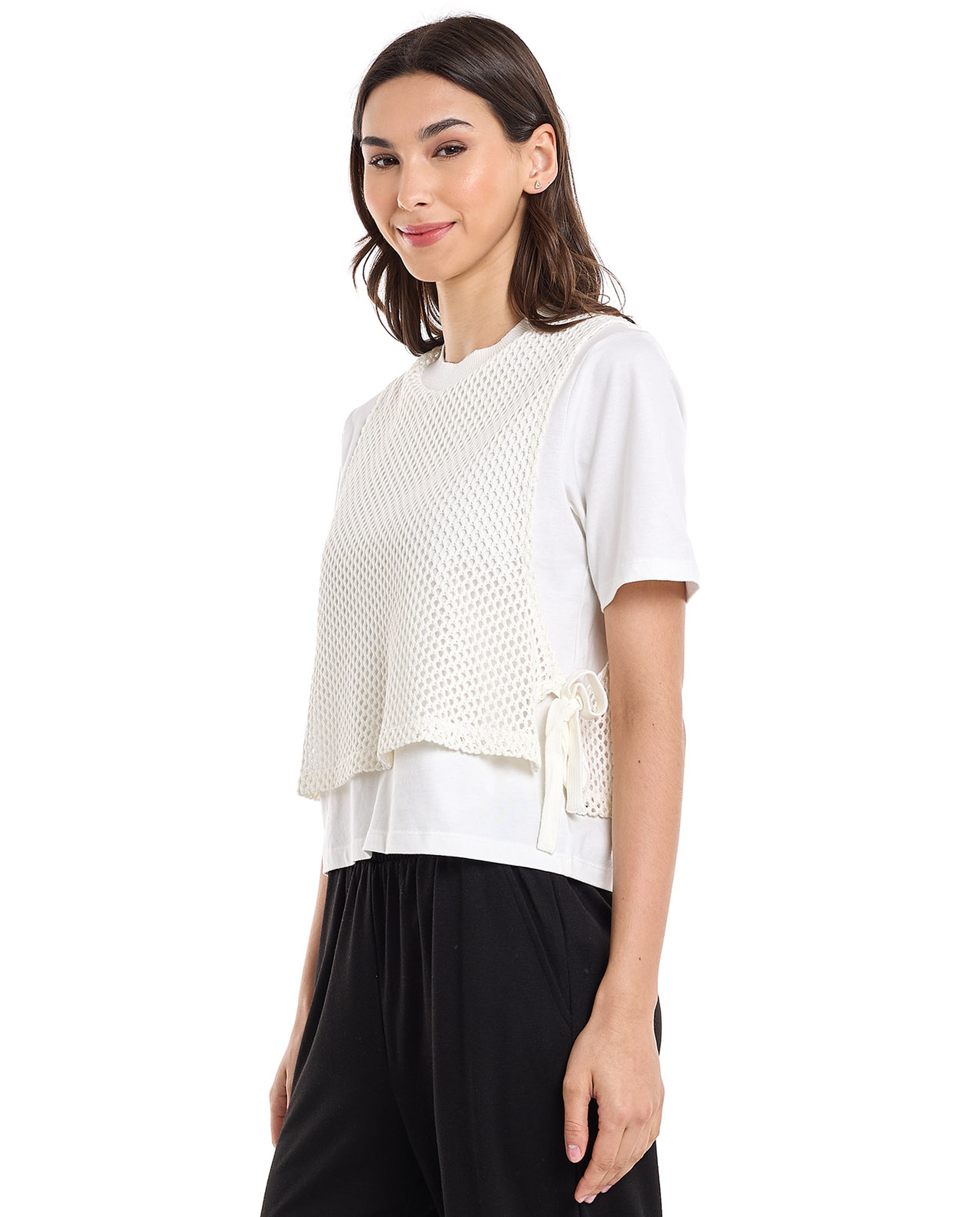 Knitted Layered Top with Crew Neck and Short Sleeves
