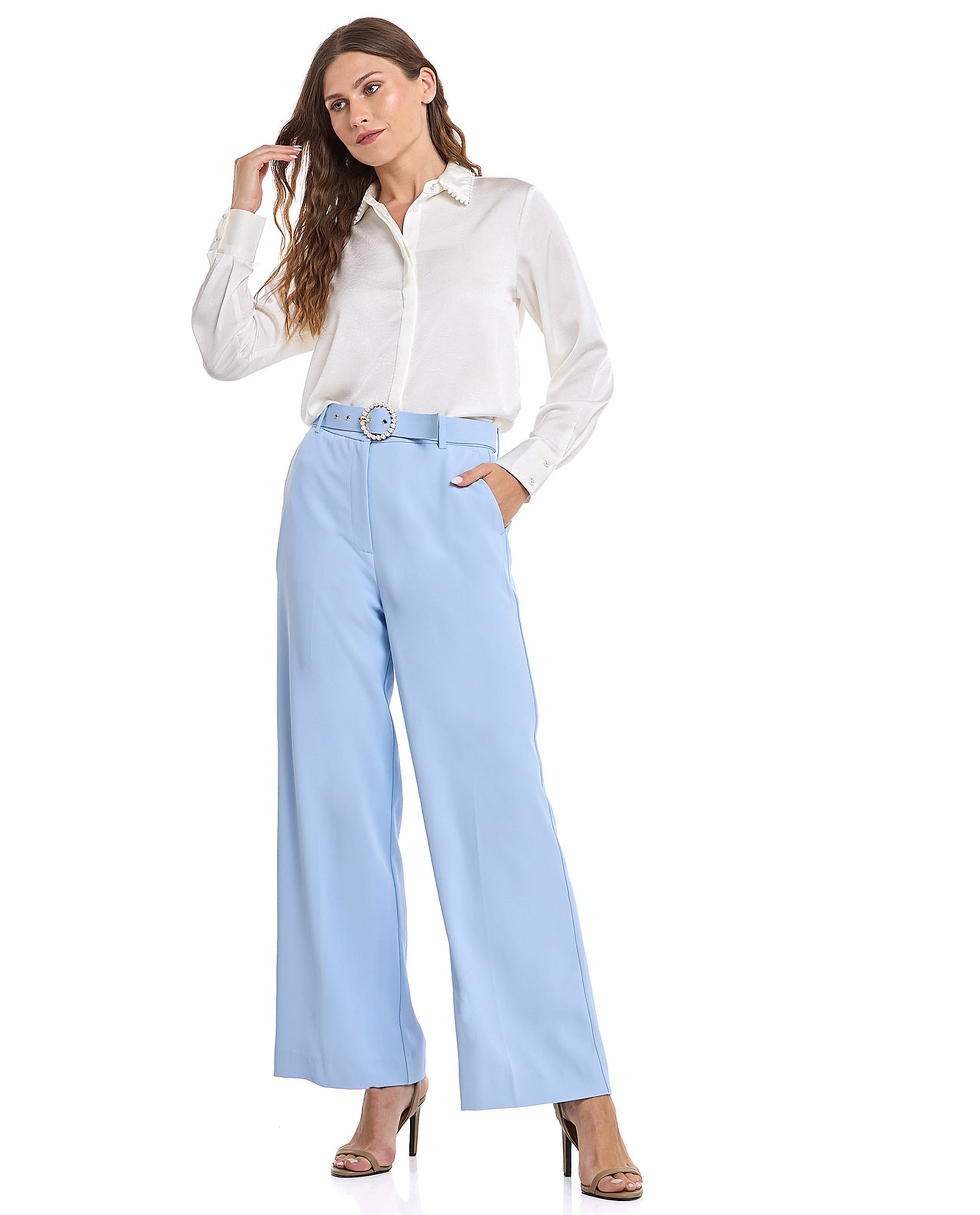 Belted Wide Leg Trousers with Button Closure