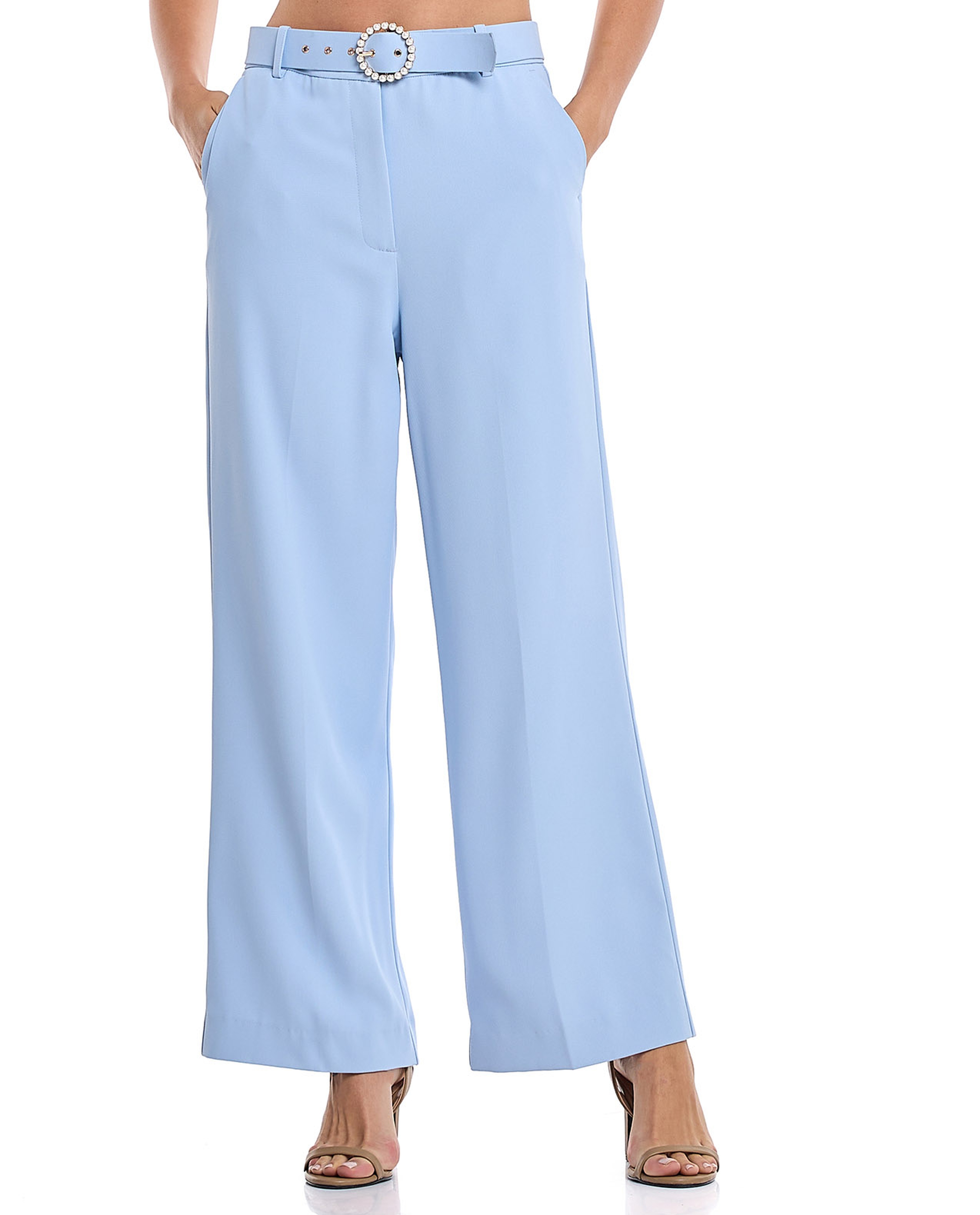 Belted Wide Leg Trousers with Button Closure