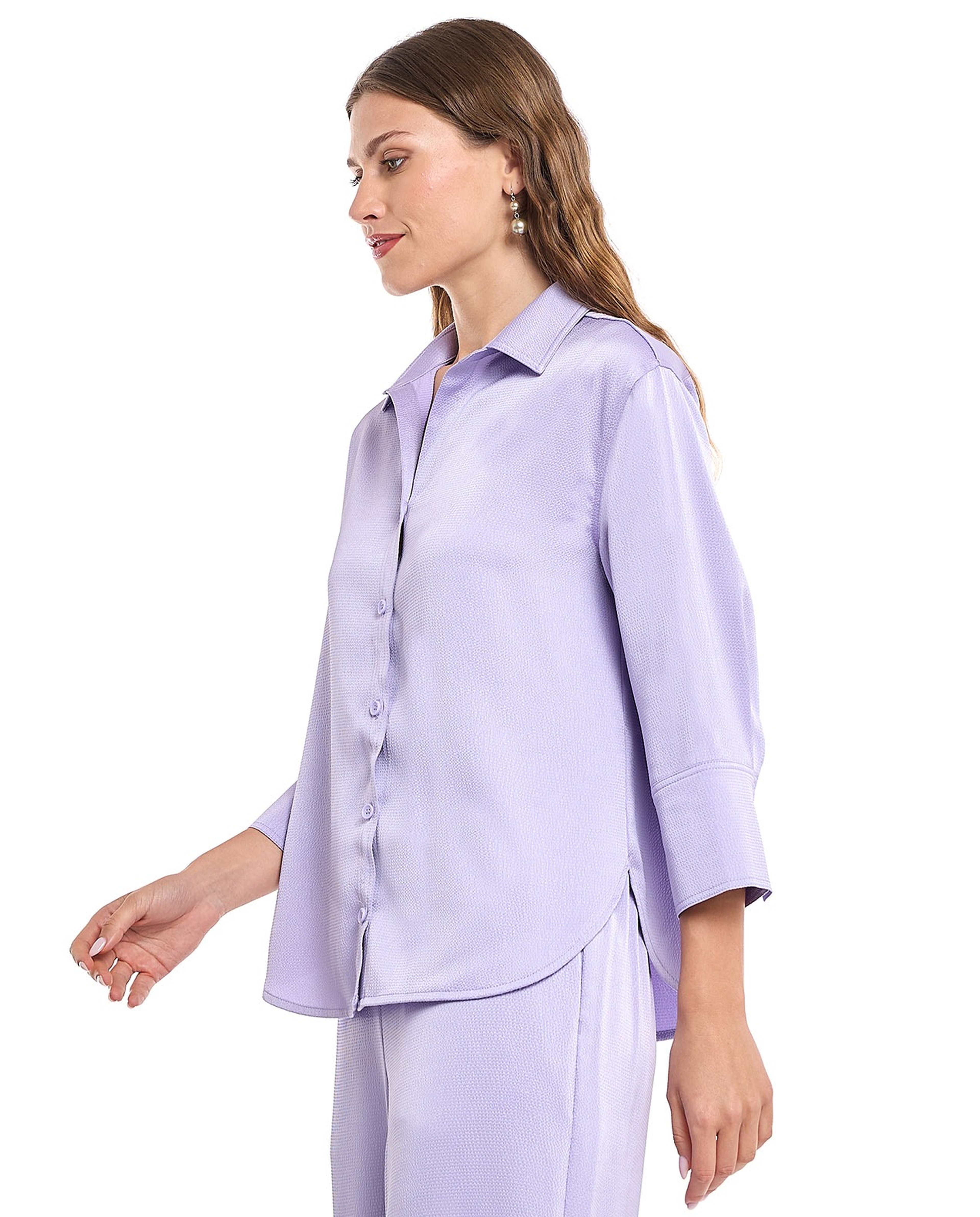 Solid Shirt with Spread Collar and 3/4 Sleeves